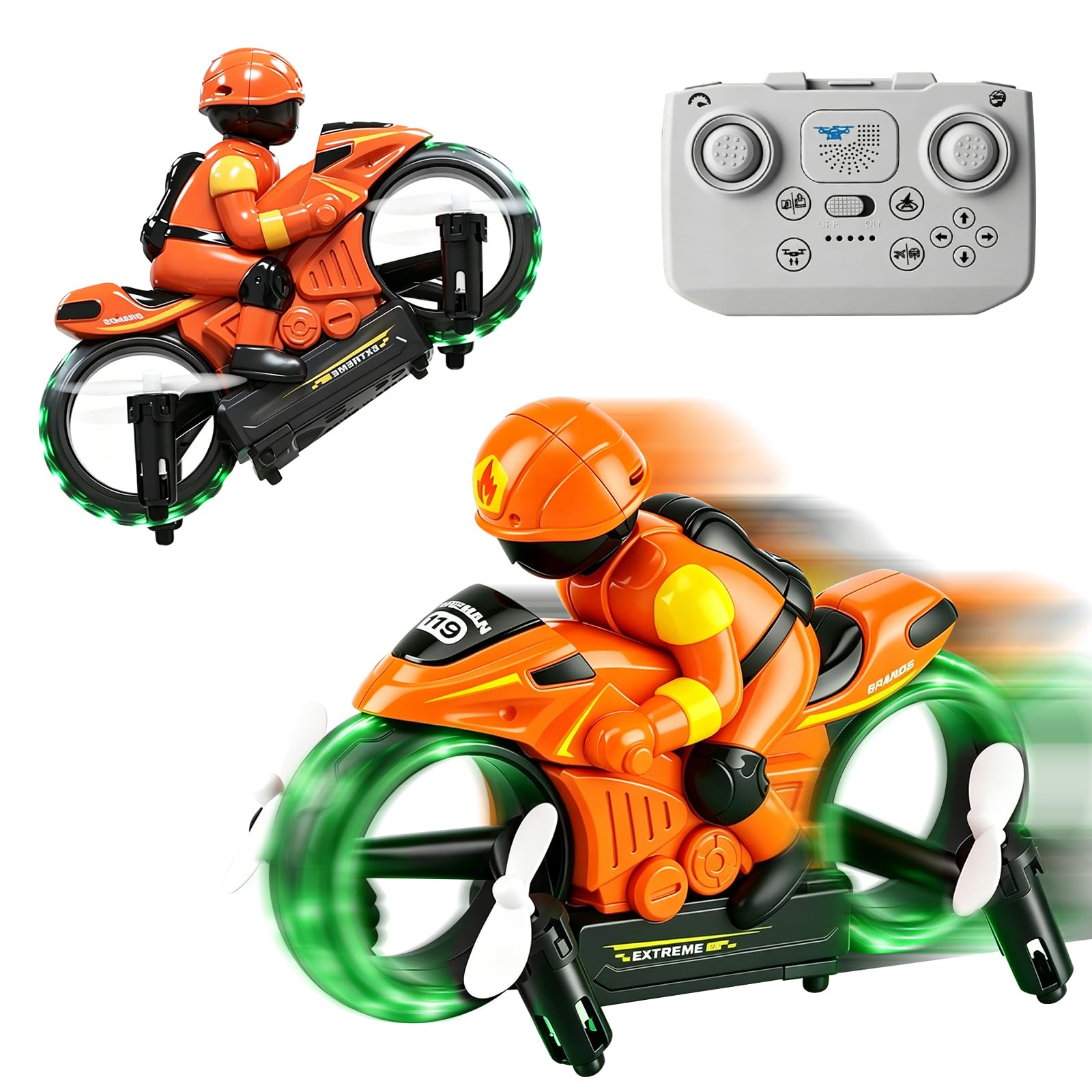 OBEST Motocicleta teledirigida 2,4 G, 2 en 1, avión no tripulado de tierra y aire, giro de 360°, vuelo flotante automático, modo sin cabeza, iluminación LED, función de carga USB