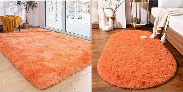 Softlife Area Rug for Bedroom, 4x6 and 2.6x5.3 Feet Plush Fluffy Rug for Living Room, Orange Shag Rug for Aesthetic Room Decor, Soft Modern Fuzzy Faux Fur Carpet for Kids Nursery Room Dorm