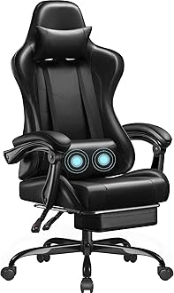 Gaming Chair, Video Game Chair with Footrest and Massage Lumbar Support, Ergonomic Computer Chair Height Adjustable with Swivel Seat and Headrest (Dark Black)
