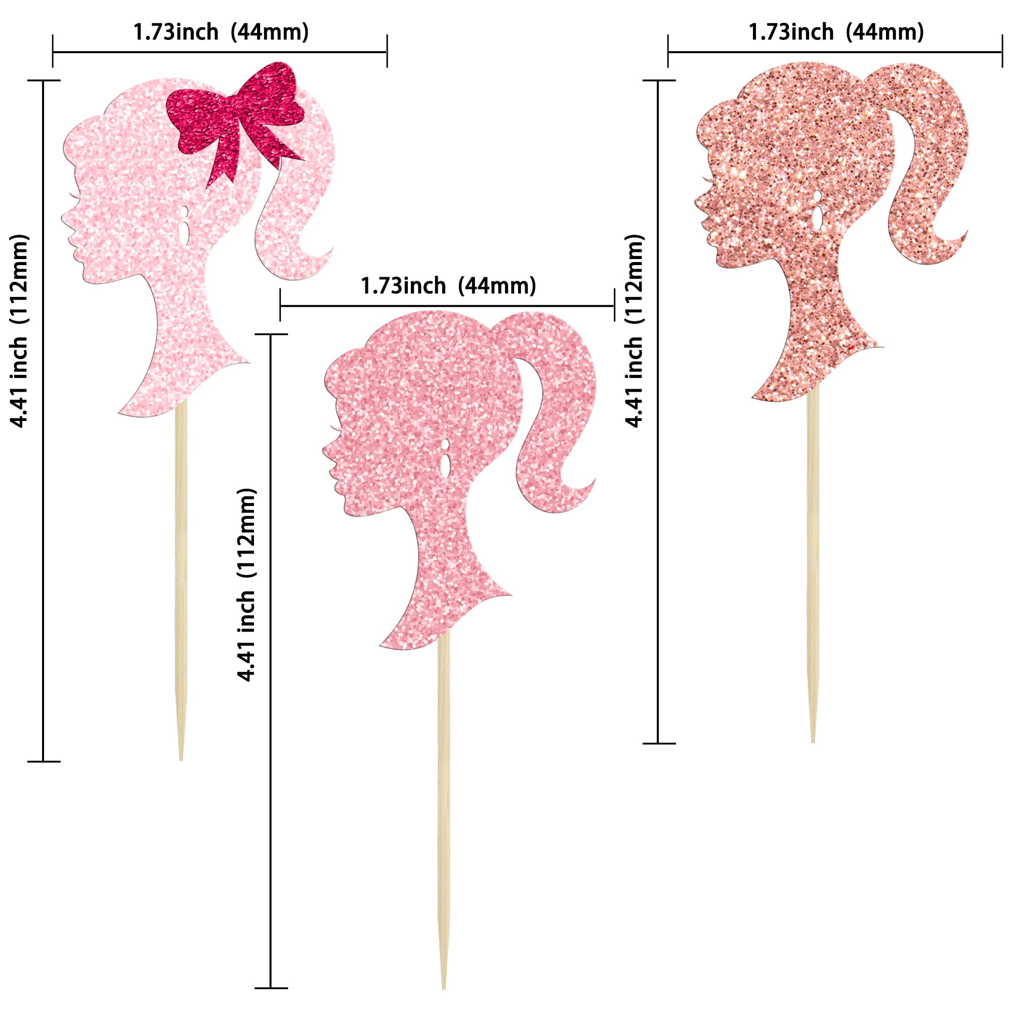 Ephlyn 24Pcs Girl Birthday Cupcake Toppers Multi Pink Glitter Princess Doll Head Cupcake Picks Princess Girl Cake Decorations for Bridal Shower Birthday Party Supplies