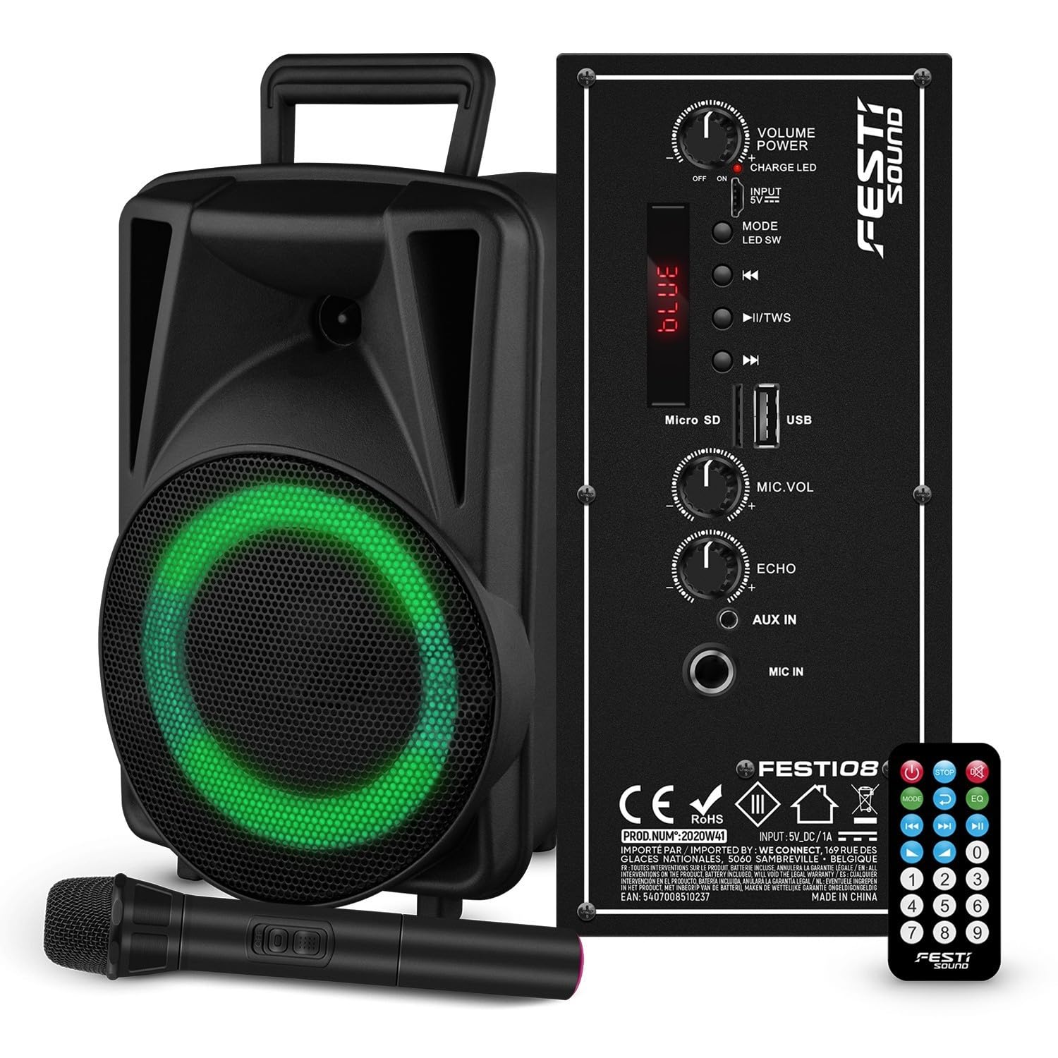ENCEINTE PORTABLE 200W AVEC USB, BLUETOOTH + JEUX DE LUMIERE ASTROBALL + MICRO SANS FIL PA DJ SONO LED SOIREE FAMILLE KARAOKE