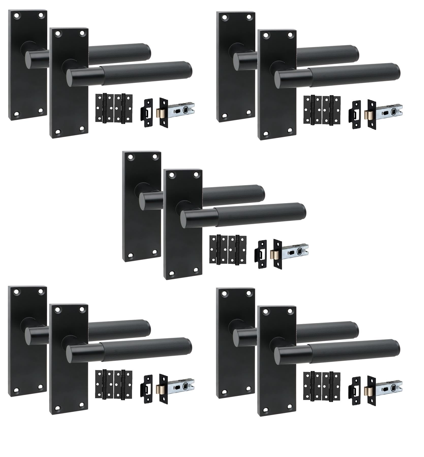 Golden Grace 5 Pair Victorian T-Bar Linear Internal Door Handle Sets Matt Black 120 x 40mm with 2.5" Latch & Hinges