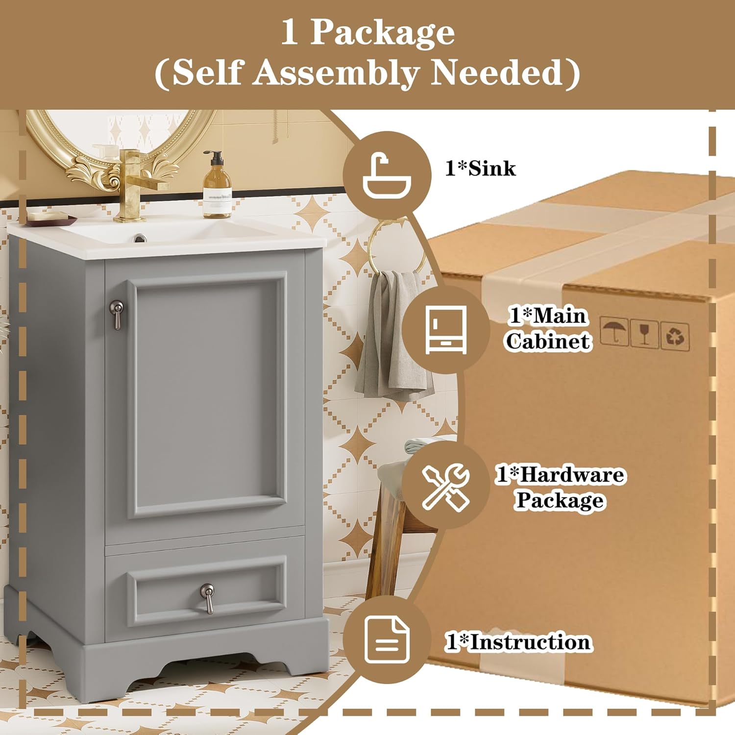 Merax 20 inch Bathroom Vanity with Ceramic Sink, Modern Bathroom Sink Storage Cabinet with Soft Close Door, Adjustable U-Shaped Shelf and Drawer, Small Single Sink Bathroom Vanities, Grey