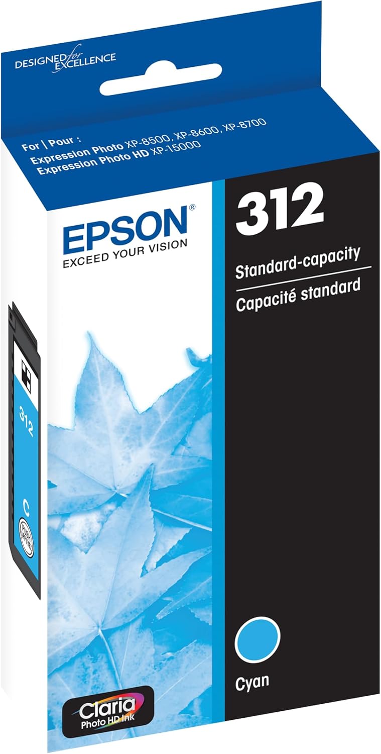 Epson 312 Claria Photo HD Ink Standard Capacity Cyan Cartridge (T312220-S) Works with Expression Photo XP-8500, XP-8600, XP-8700, XP-15000 (Pack of 2)