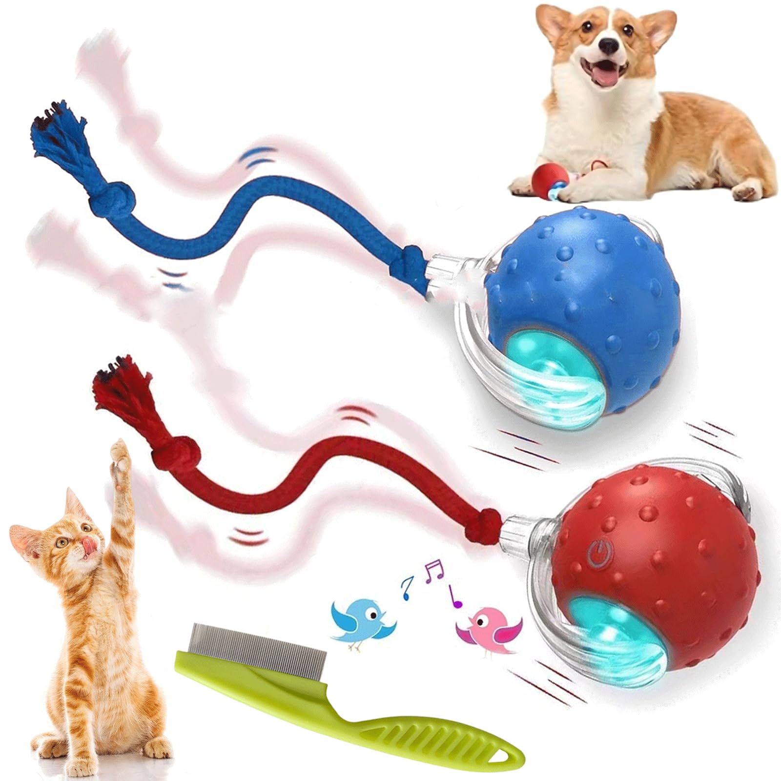 Giocattolo per cani, giocattolo per cani, giocattolo interattivo per cani, con canto degli uccelli, giocattolo intelligente con rotazione automatica a 360°, con corda, per cani e gatti, giochi al