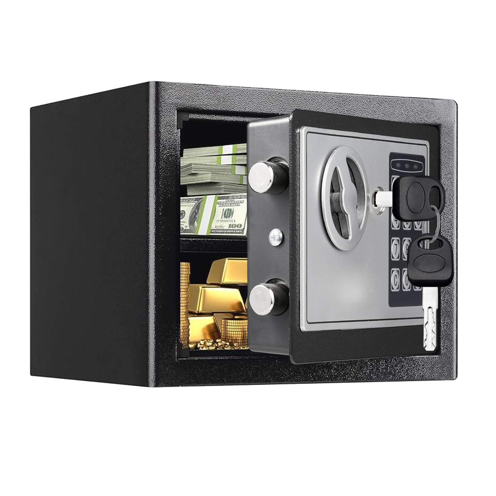 Safe Box, Electronic Safe Box with Keypad & Keys, Small Money safe Box for Home,Mini Safe for Kids, Electronic Security Money Safe for Cash,Lock Box with Code Keys,0.23 Cubic Feet Black