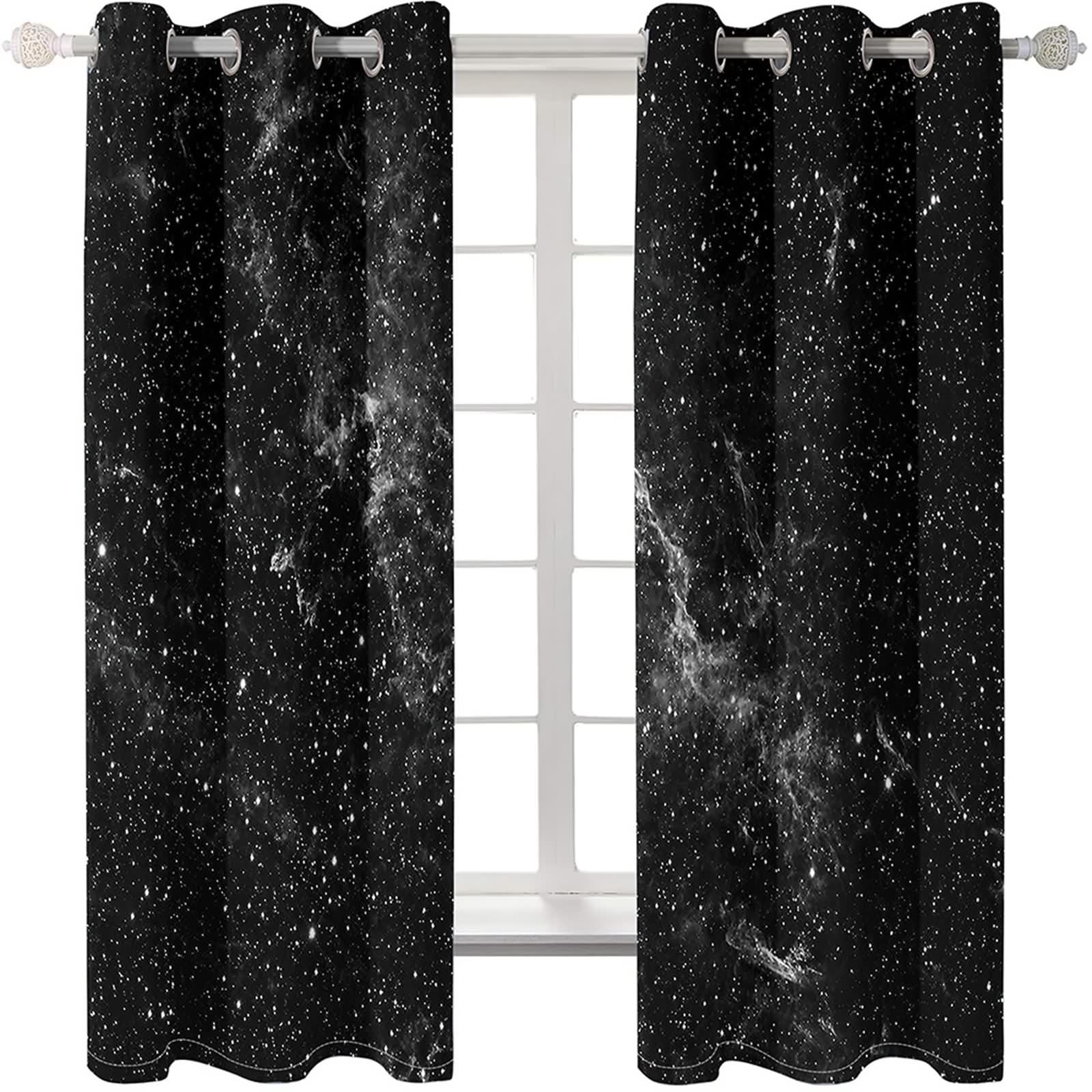 Rideau Fenetre Chambre, Rideau Occultant Cuisine Noir Blanc Polyester Ciel Étoilé 107L x 214H CM Lot de 2
