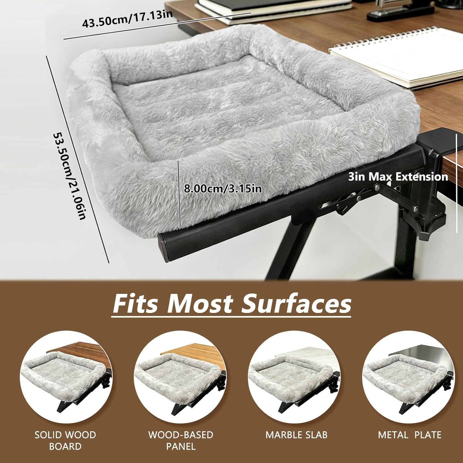 Cat Desk Bed for Home Office Worker Faux Rabbit Cushion Desk-Mounted Hammock Perch Foldable Desktop Space-Saving Clamp Mount Supports Indoor Cats Durable Removable Cover - Gray 21x17in