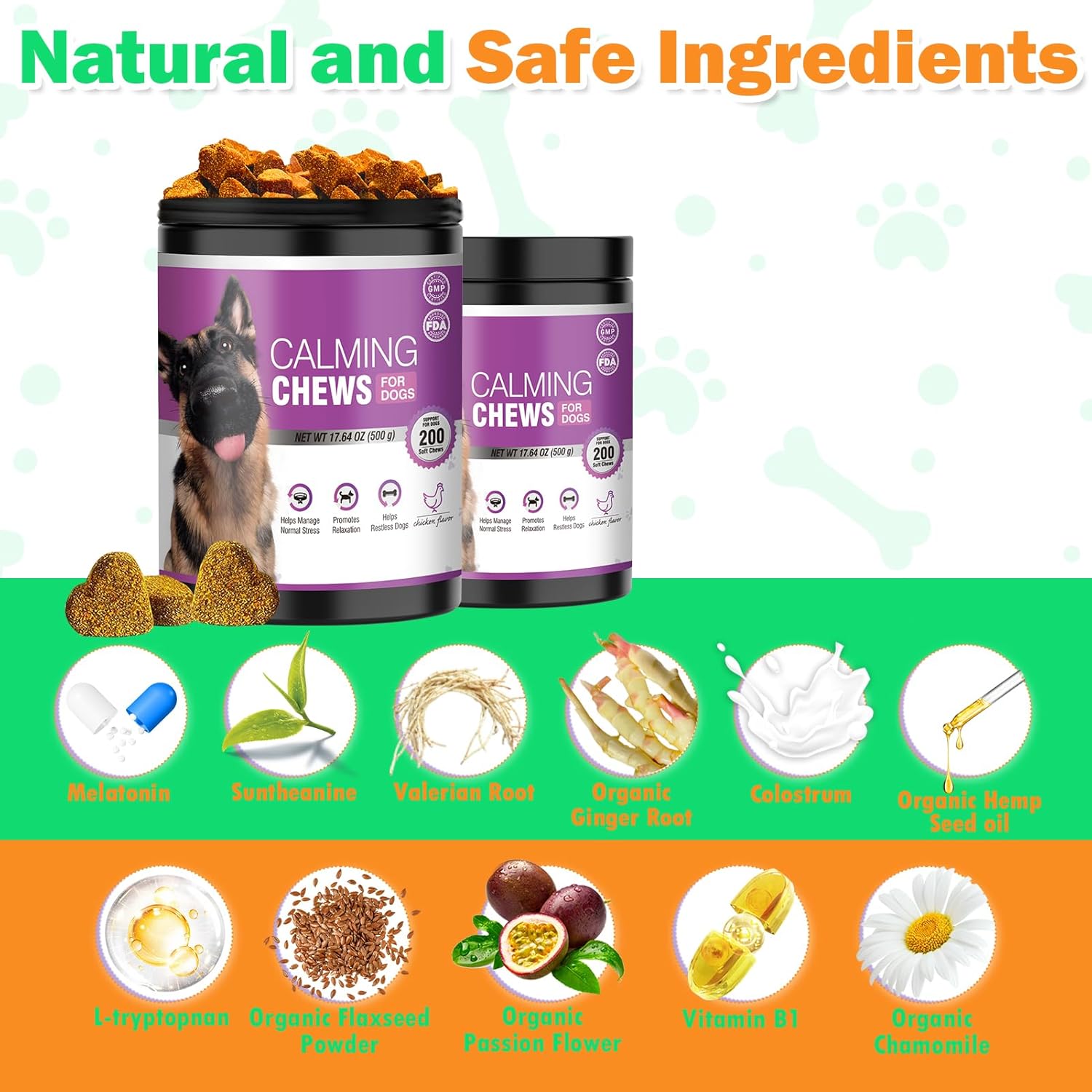 Dog Calming Chews, 200 Chews, Melatonin for Large, Medium, and Small Dogs Travel, Veterinary Visits, Separation