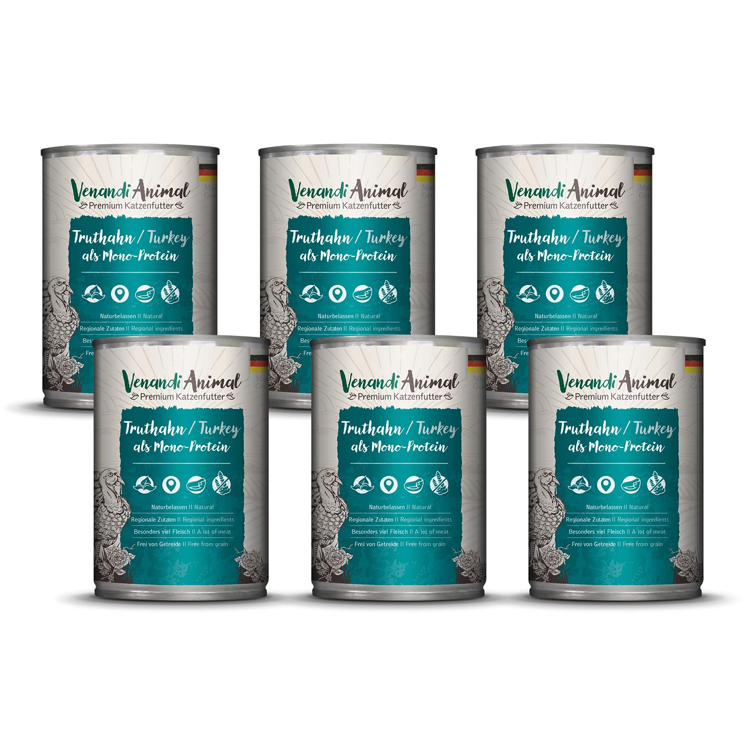 Venandi Animal – Premium Katzenfutter – Truthahn als Monoprotein, Nassfutter, getreidefrei und naturbelassen, 6er Pack (6 x 400g)
