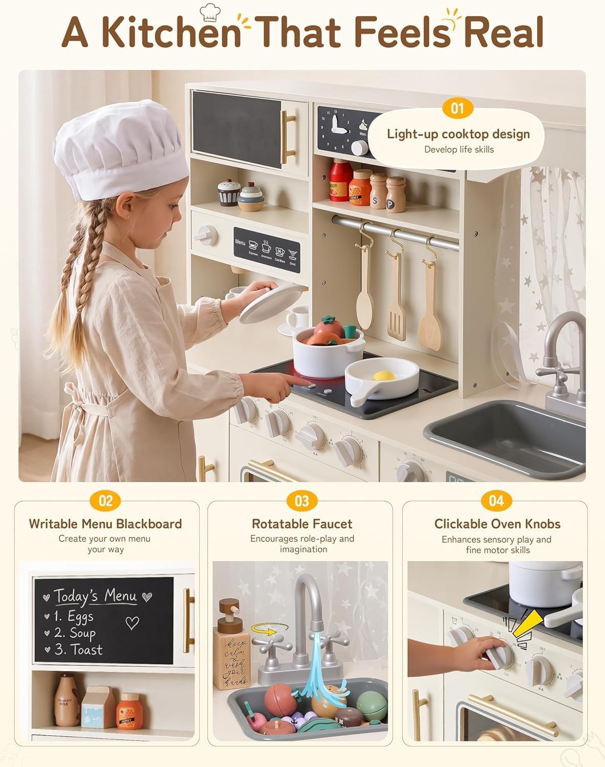 besrey Cucina Giocattolo per Bambini in Legno 105cm con Luci e Suoni, Beige | Con microonde, dispenser di ghiaccio e area per la raccolta differenziata; ampio spazio per giocare insieme dai 3 anni