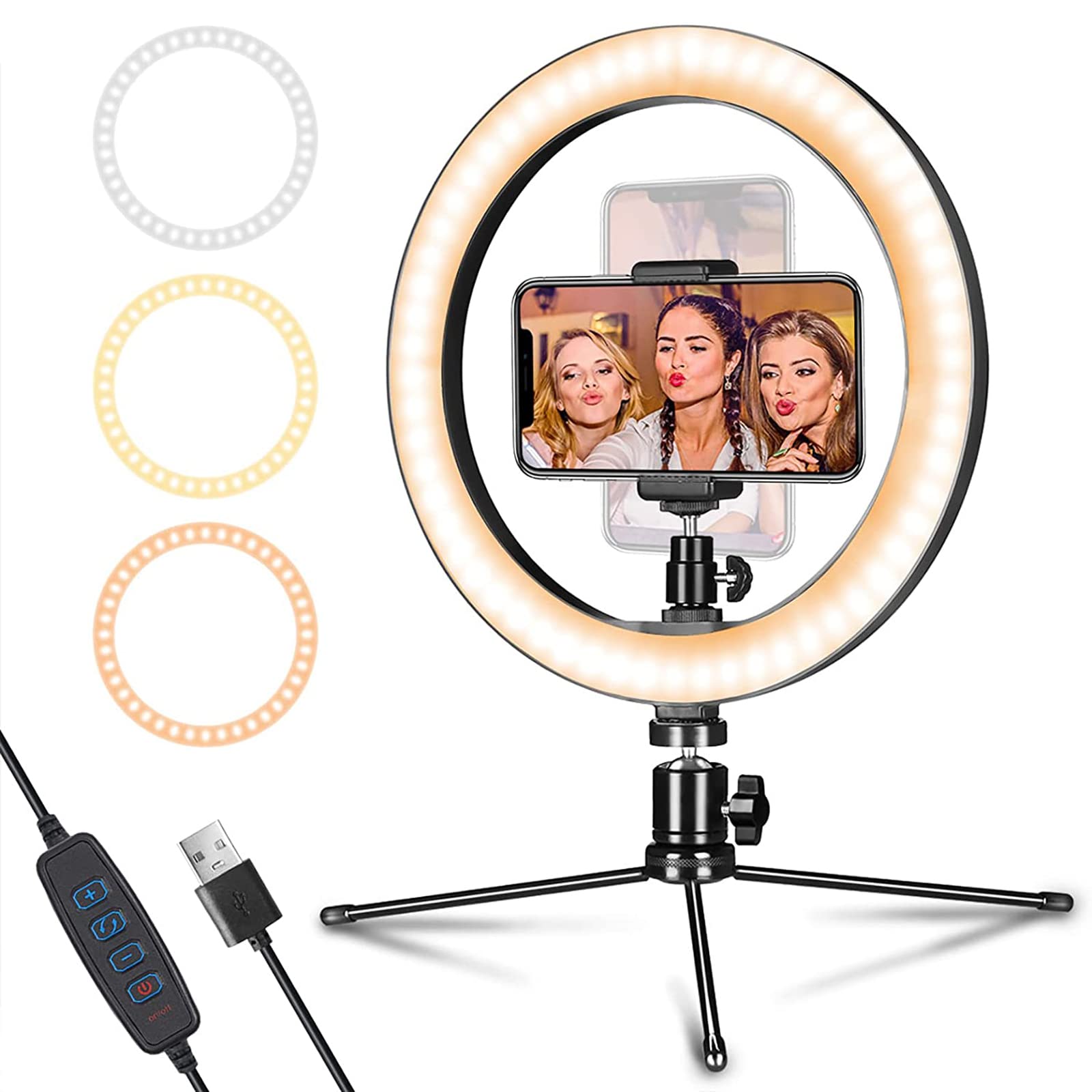 Anello Luminoso a LED da 10" con Supporto per treppiede e Supporto per Telefono per Streaming Live, riprese con 3 modalità di Illuminazione e 10 Livelli di luminosità