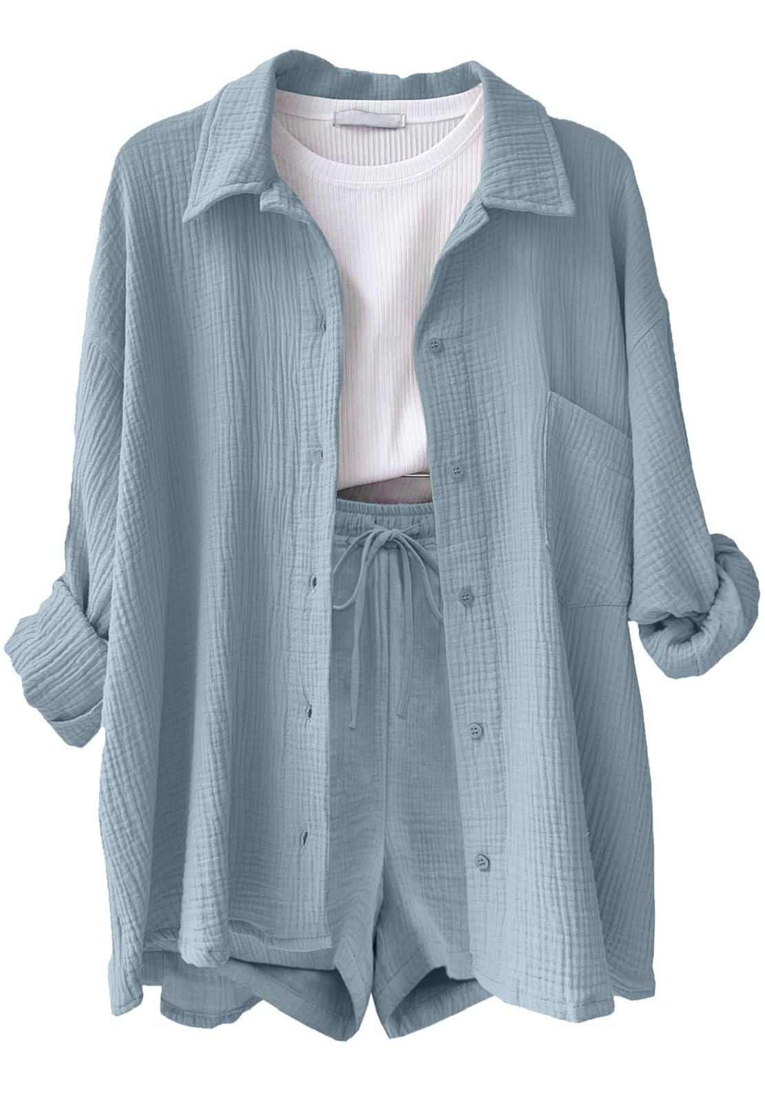 CheChury Conjunto Verano Mujer Conjunto de 2 Piezas Algodón Lino Chándal de 2 Piezas Verano Mujer Casual Camisa Manga Larga y Pantalón Corto con Bolsillo Cómodo Moda Color Sólido para Vacaciones Playa — view 12