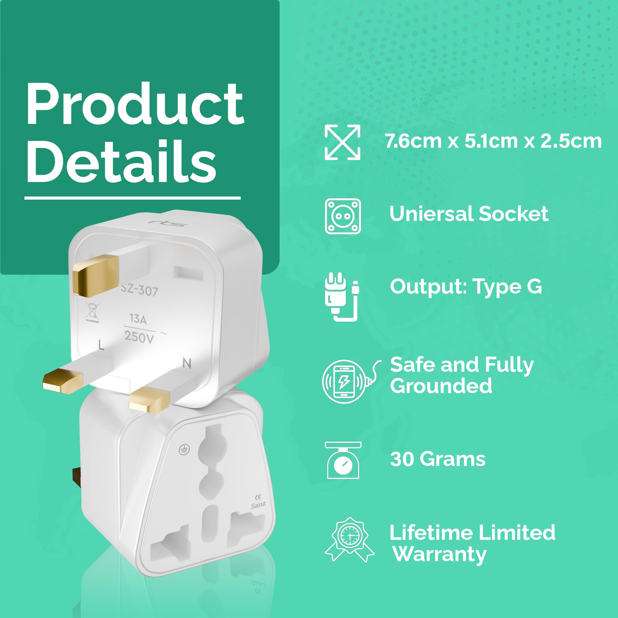 rts UK Adapter for Indian Pins, India to UK UAE, Hong Kong, Dubai, UK Power Adapter Converter- Type G - Perfect for Laptop, Camera, Phones, Chargers, iPhone, tablets, Bluetooth speakers White (1 Pack) — Amazon image 3