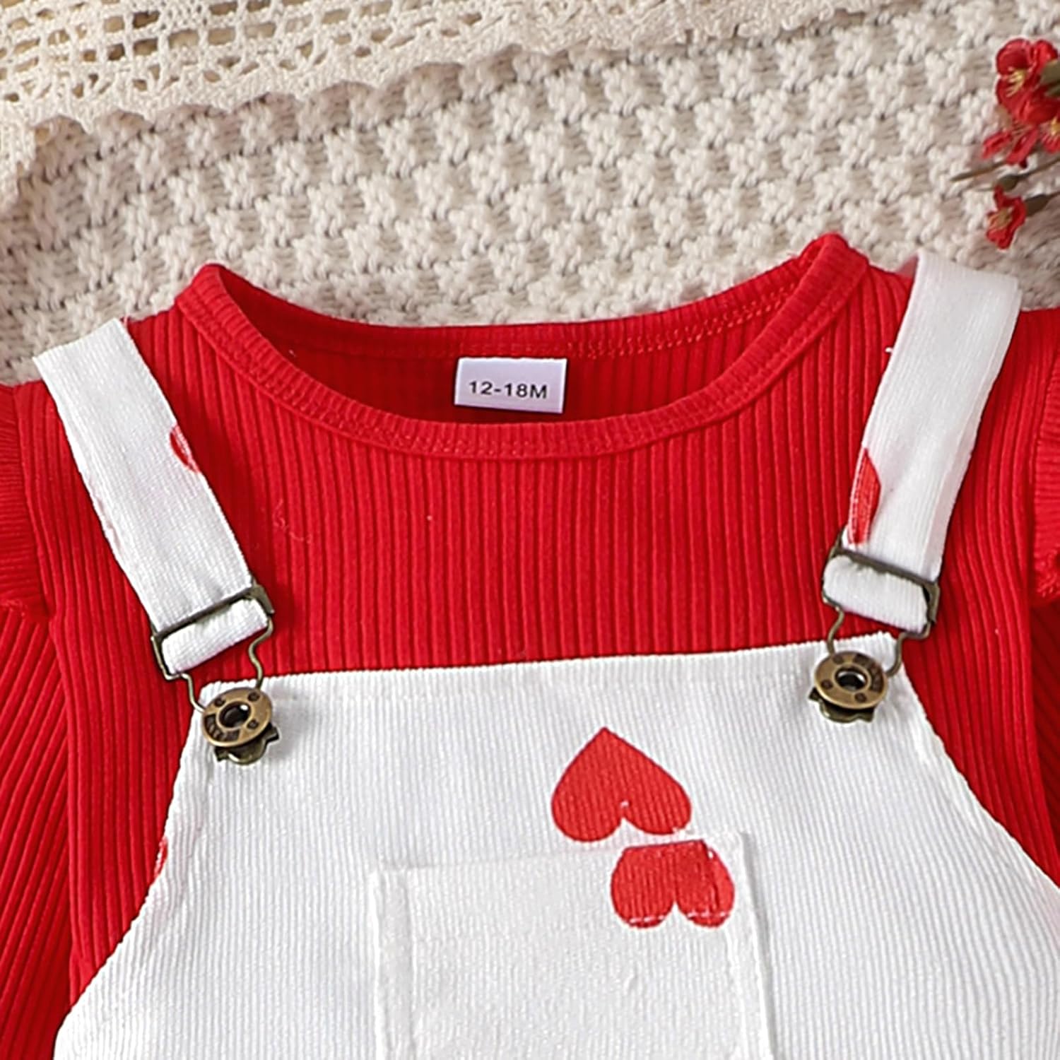 Toddler Baby Girl Valentines Clothes Ruffled Sleeves Top Heart Bell Bottoms Flared Overalls Suspender Pants Set - Image 5