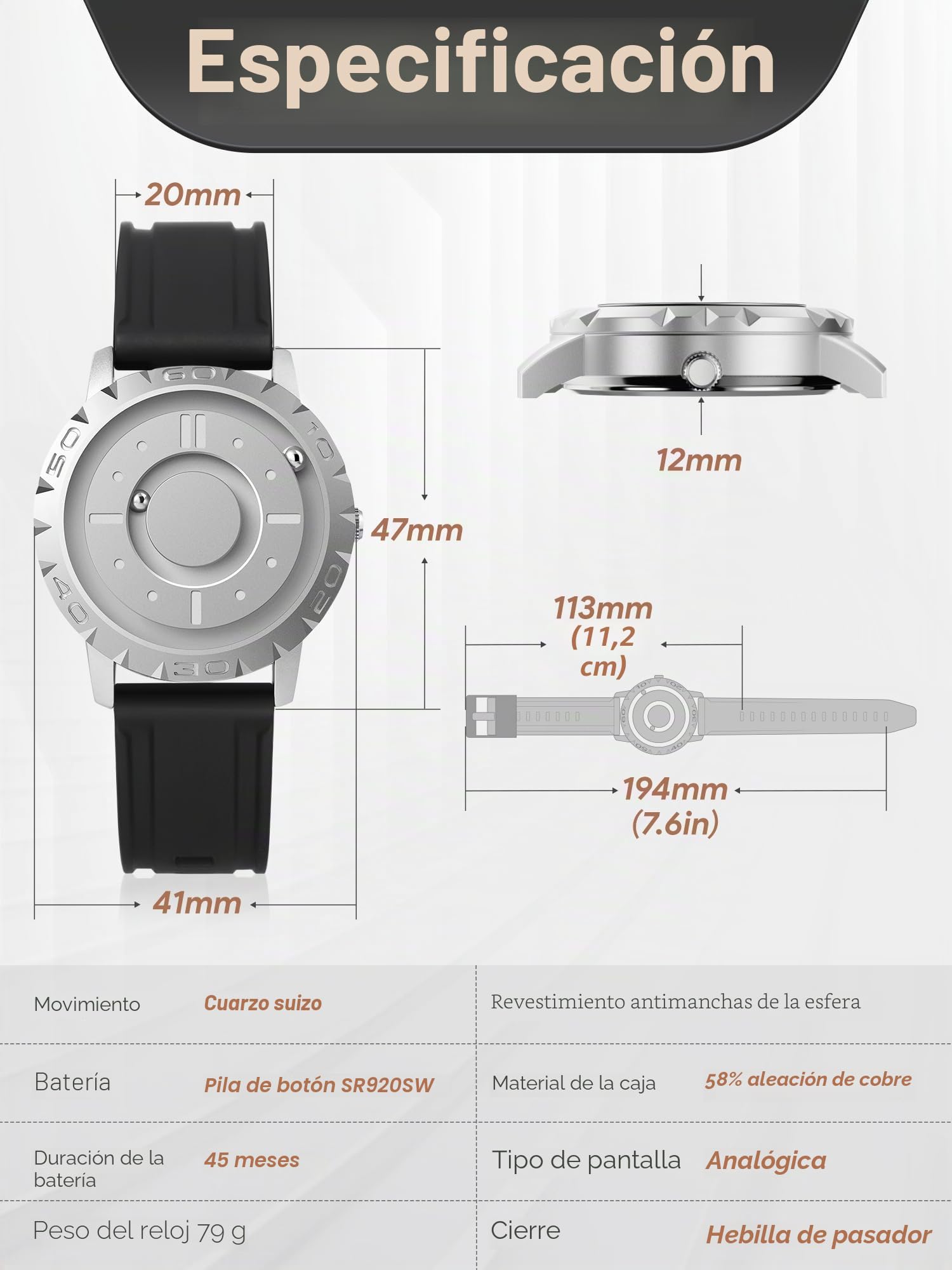 EUTOUR Reloj Magnetico Hombre Cuarzo Sin Vidrio Rodamiento de Bolas Relojes de Pulsera para Hombres 40mm