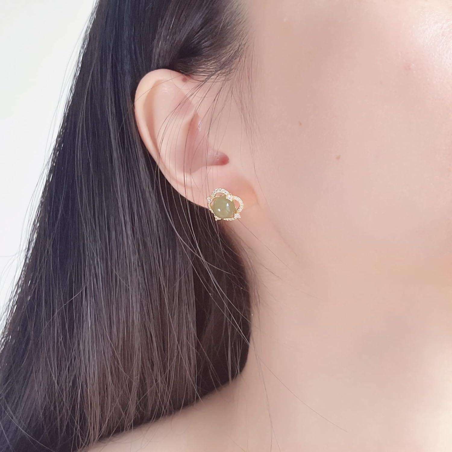 Natural Hetian Jade & Zircon Earrings for Women, Dainty Lucky Green Jade Square Charm Pendant Jewelry Studs, Handmade Stud Earrings for Mom Lover Her (925 Sterling Silver with Gold Plated) - Image 5