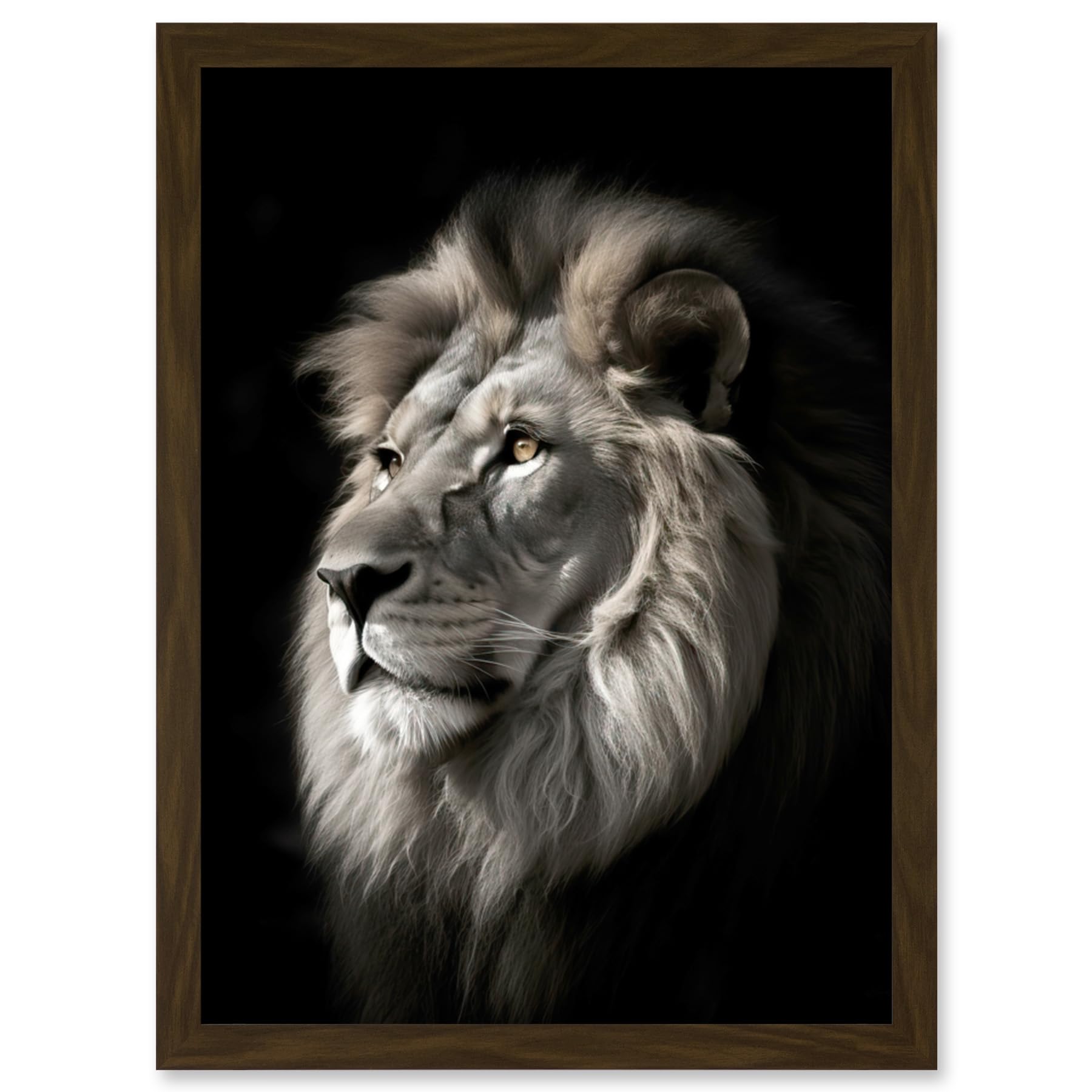 Artery8 Lion Head Portrait Dramatic Photograph Strong Leo Dark Atmospheric Light Artwork Framed Wall Art Print A4