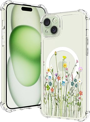 OOK Funda magnética para iPhone 15, diseño floral, transparente, compatible con MagSafe, funda protectora rígida de policarbonato para iPhone 15,