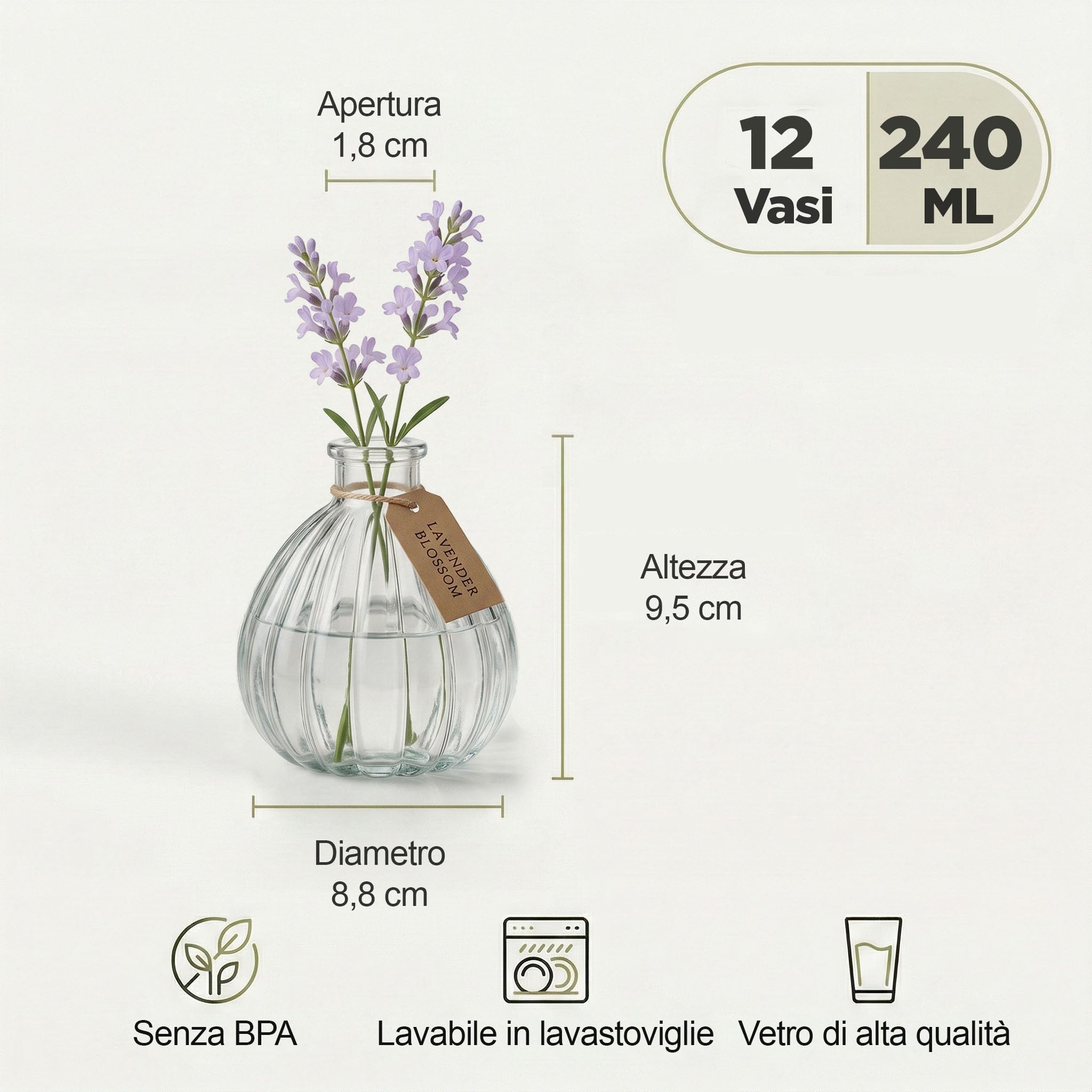 12 vasi piccoli fiori vetro 200ml – monofiore stelo lungo matrimonio centrotavola battesimo cresima bomboniere – vasetti decorazione tavolo bomboniere per fiori 200 ml