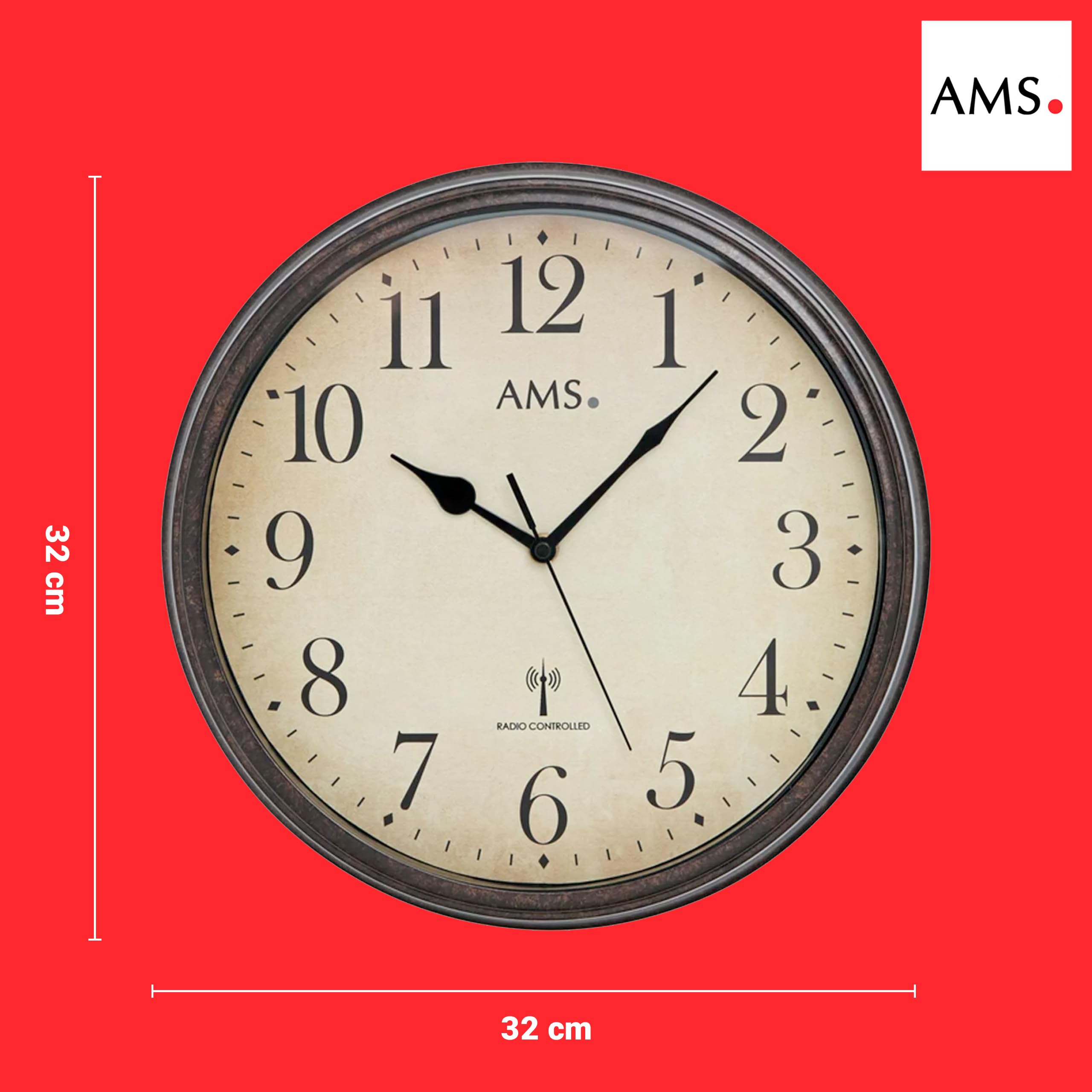 AMS 5962 Wanduhr 32 cm - Lautlos ohne Tickgeräusche, Vintage Retro, Funkwanduhr mit Arabischen Ziffern, Bruchsicheres Acrylglas, Analoge Funkuhr für Wohnzimmer, Küche & Büro