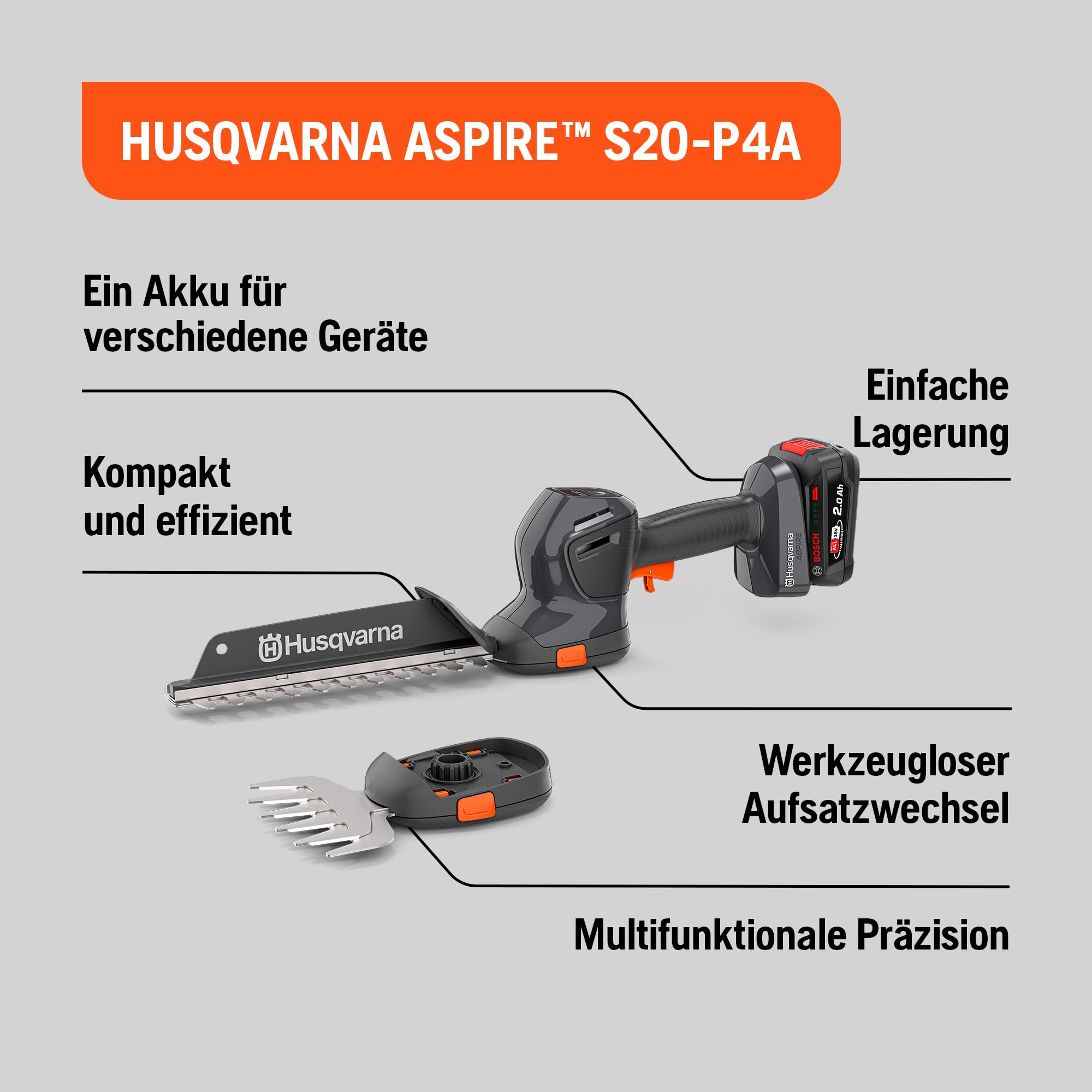 Husqvarna Aspire S20-P4A Cisaille à gazon et à arbustes sans fil 18 V avec lame à arbustes 220 mm et lame de cisaille 130 mm (avec batterie et chargeur)