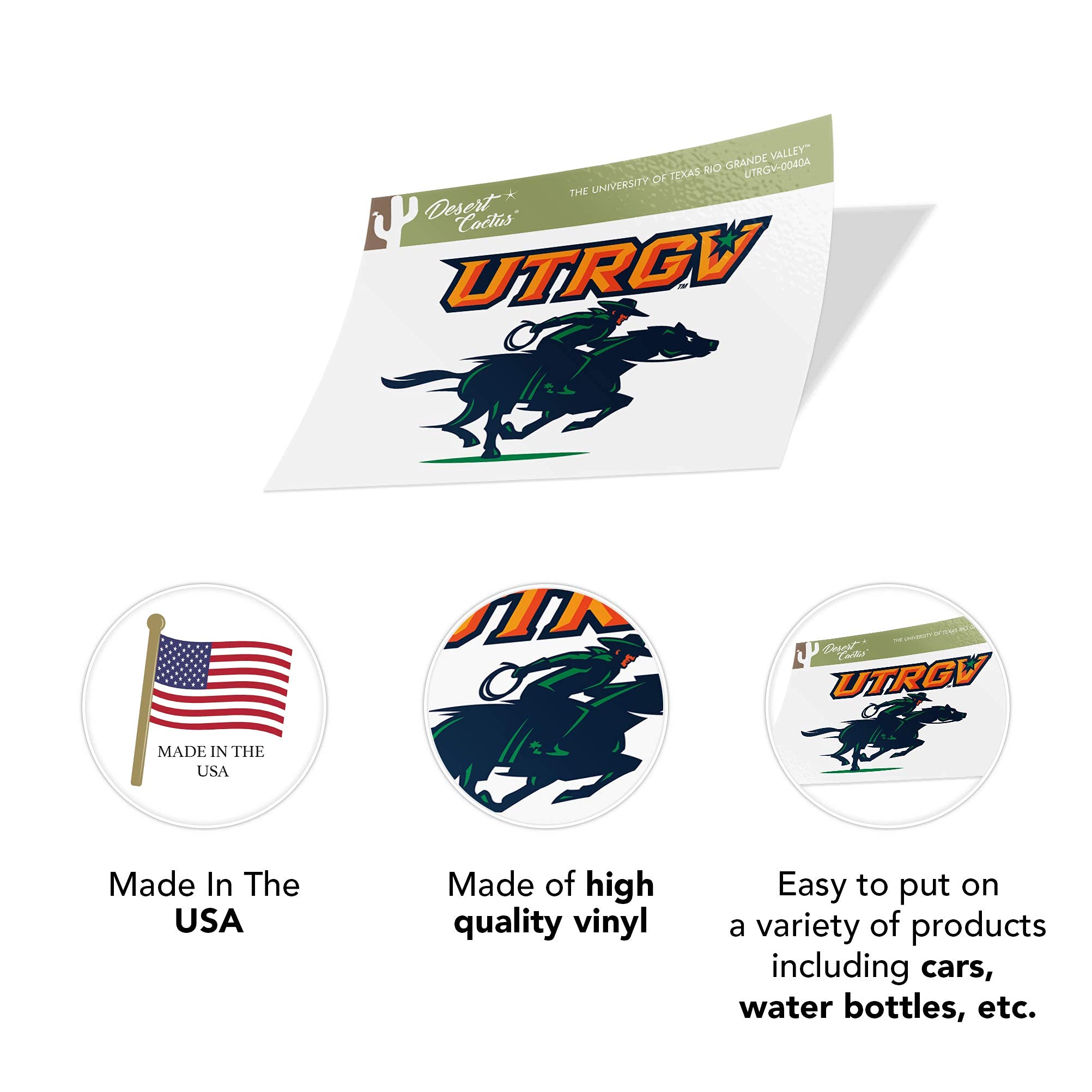 University Of Texas Rio Grande Valley (UTRGV) NCAA Vinyl Sticker Sheet - Officially Licensed, 7 Decals, 8.5x11 Inch