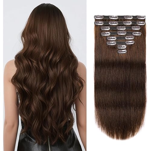 Hair Clip In Extensions Real Human Hair,120Gram 8Pcs Hair Extensions Clip in Human Hair Extensions Double Weft 22Inch #4 Medium Brown Human Hair Clip In Extensions
