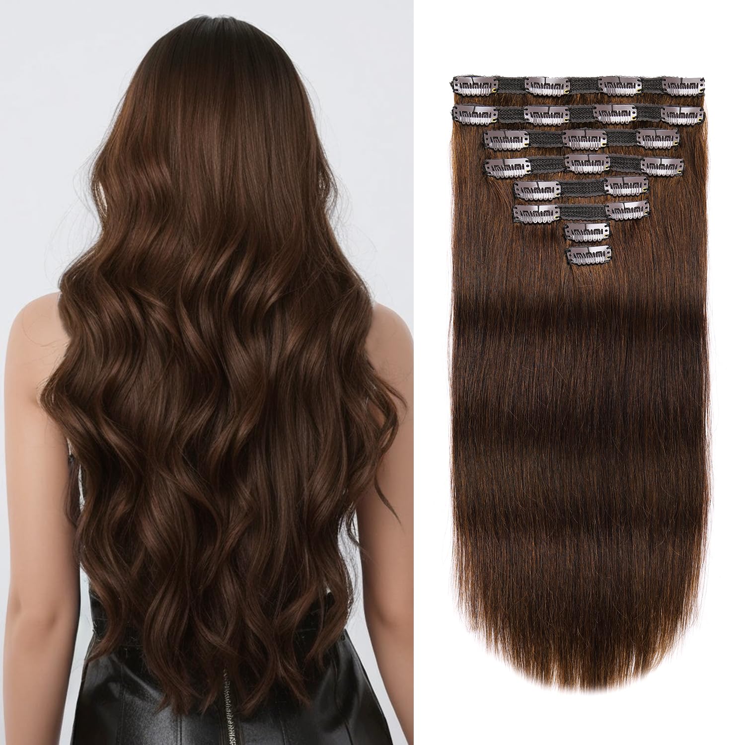 Hair Clip In Extensions Real Human Hair,120Gram 8Pcs Hair Extensions Clip in Human Hair Extensions Double Weft 22Inch #4 Medium Brown Human Hair Clip