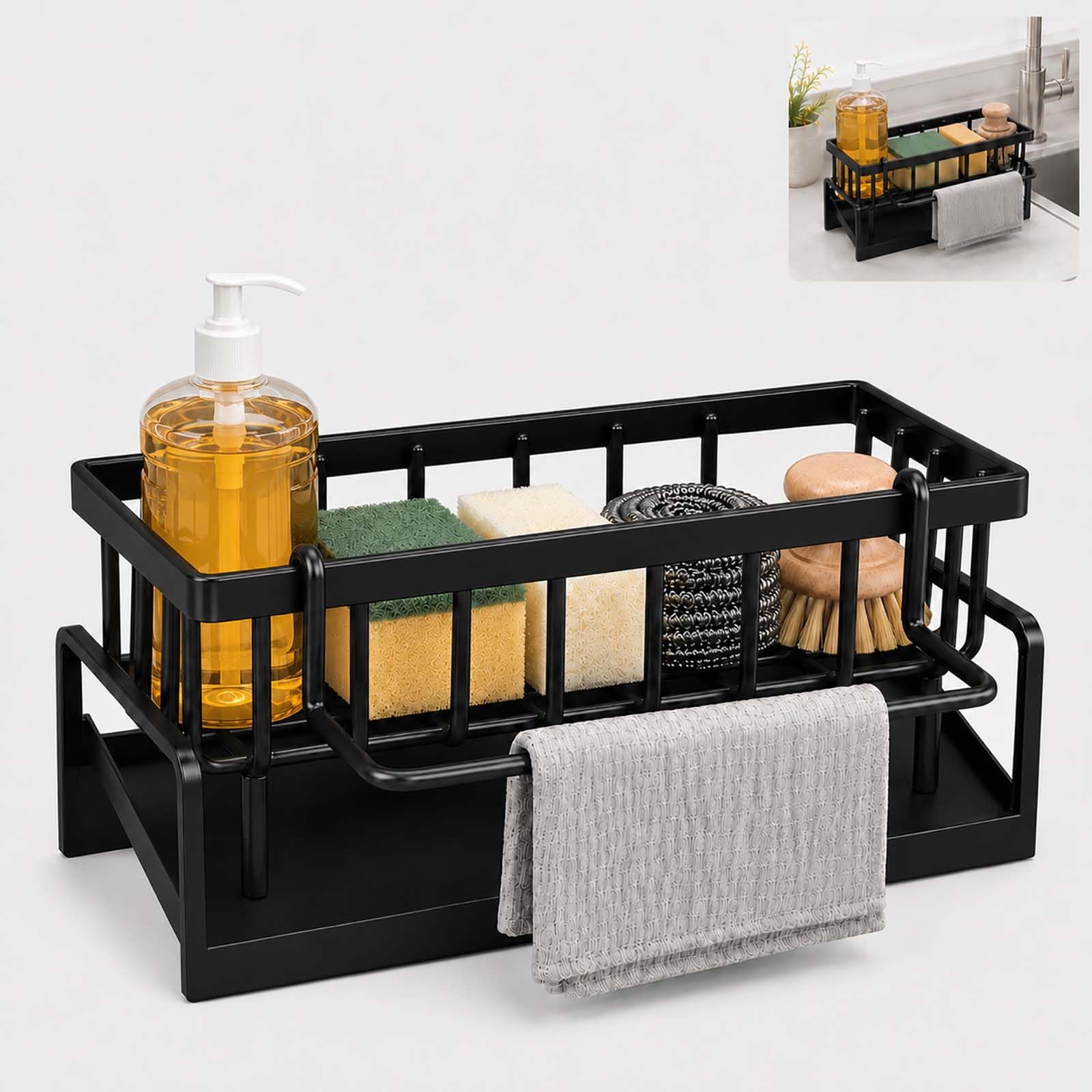 LMSAWK Kitchen Sink Organiser Sink Caddy, Carbon Steel Sponge Holder with Removable Dish Cloth Hanger, Organises Sponges, Dish Cloths and Sink Accessories for Kitchen and Bathroom, Black