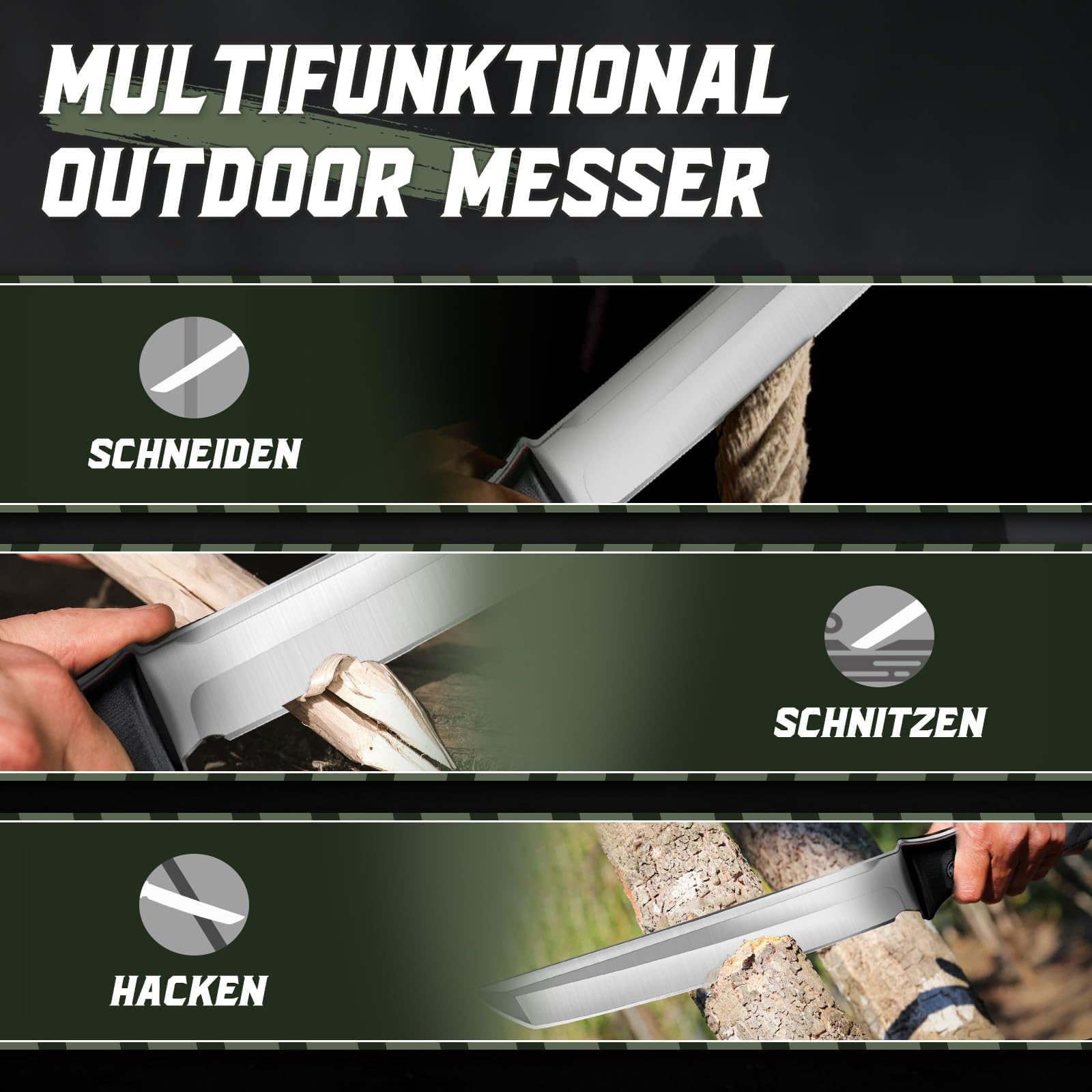 Outdoor Messer Scharfes Tanto Bushcraft Messer Großes Machete Jagdmesser Feststehende Klinge mit Kydexscheide Survival Messer für Männer Camping
