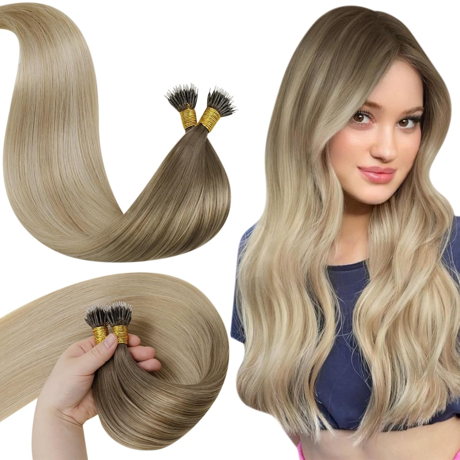 LaaVoo Extensions Echthaar Aschblond Platinblond 45cm 100g 100s #8/18/60 | Nanoring Extensions Ombre Blond Nano Beads Extensions Balayage Hellbraun Aschblond Platinblond Remy