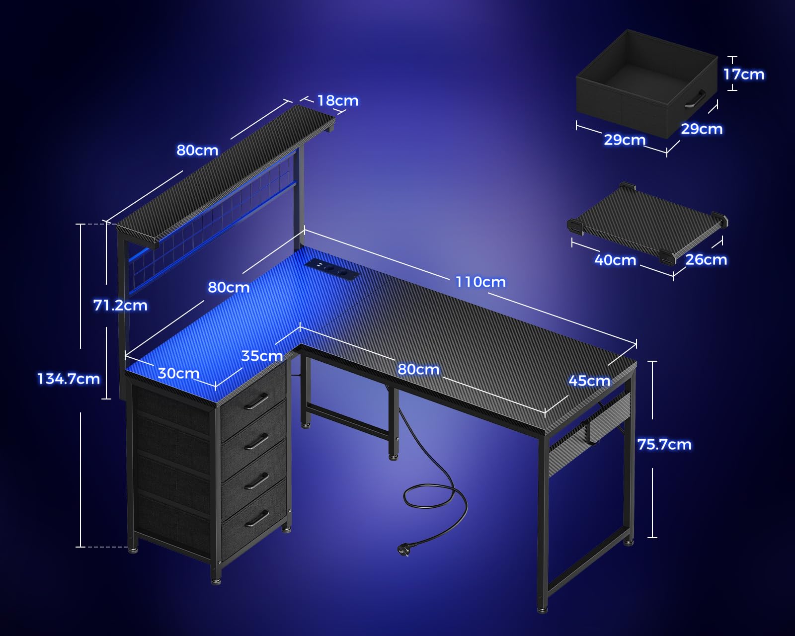 Coleshome Bureau Gaming avec LED, 110 x 80 cm Réversible Table Gaming avec Tiroirs et Prises de Courant, Bureau d'angle avec Compartiment de Rangement (Noir Carbone)