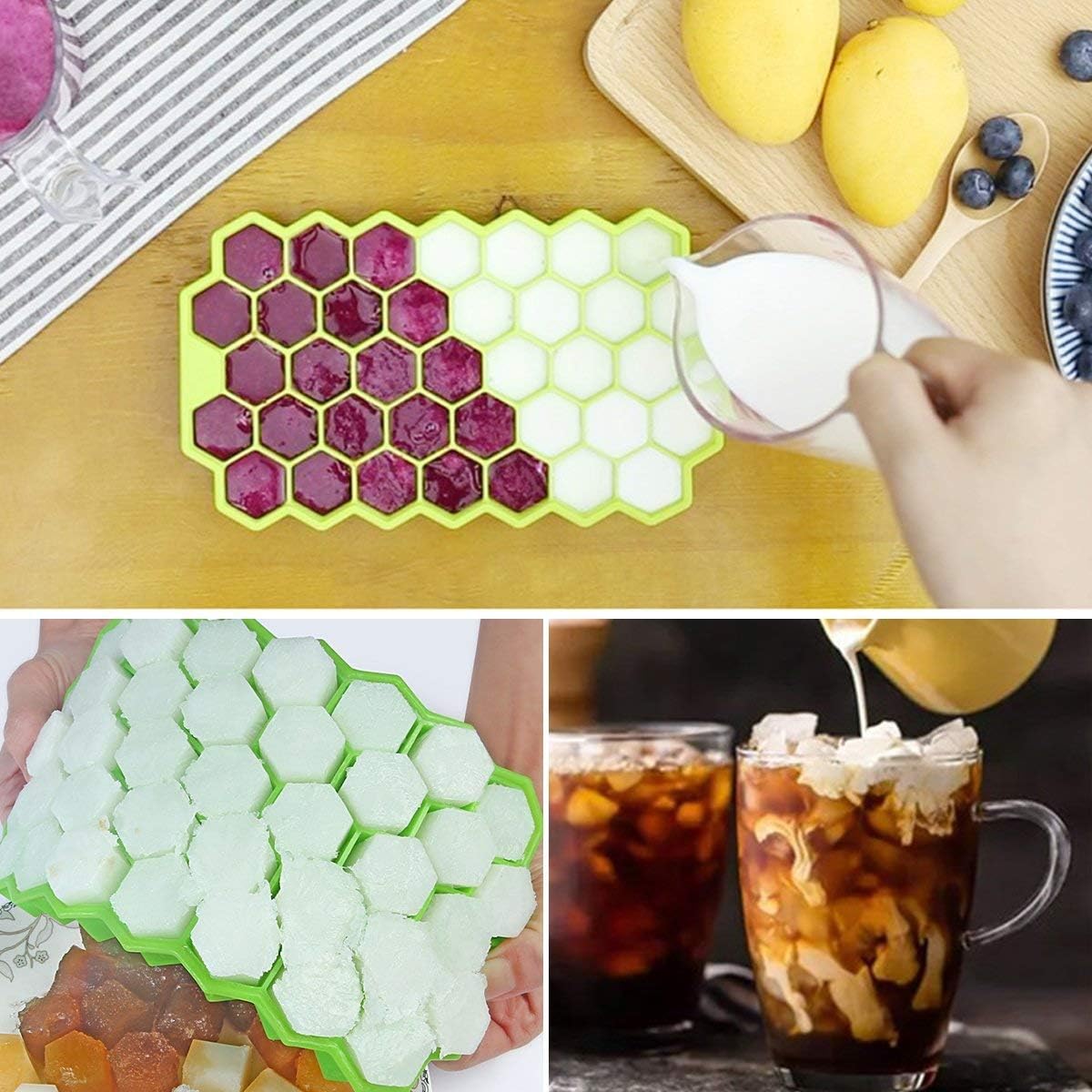 Ice Cube Trays Silicone with Lids 2 Packs DaCool Food Grade Ice Trays 74 Cubes Stackable Spill-Resistant Easy-Release Durable,BPA Free Ice Cube Molds for Whiskey Storage Cocktail Beverages,Green&Green