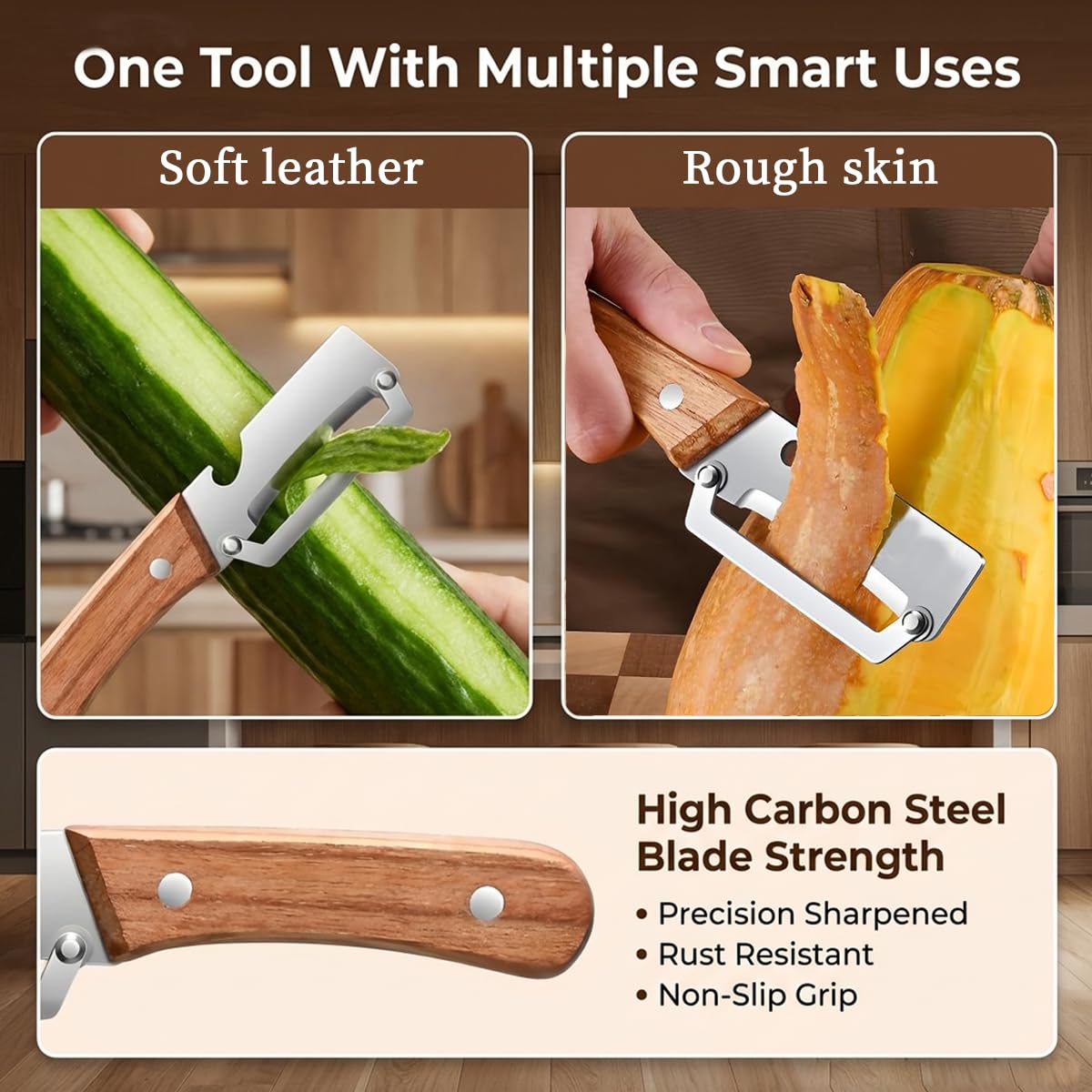 2 Pack Multifunctional Vegetable Peeler, Stainless Steel Blade with Ergonomic Wooden Handle, Non-Slip Fruit & Potato Peeler for Kitchen Use — view 7