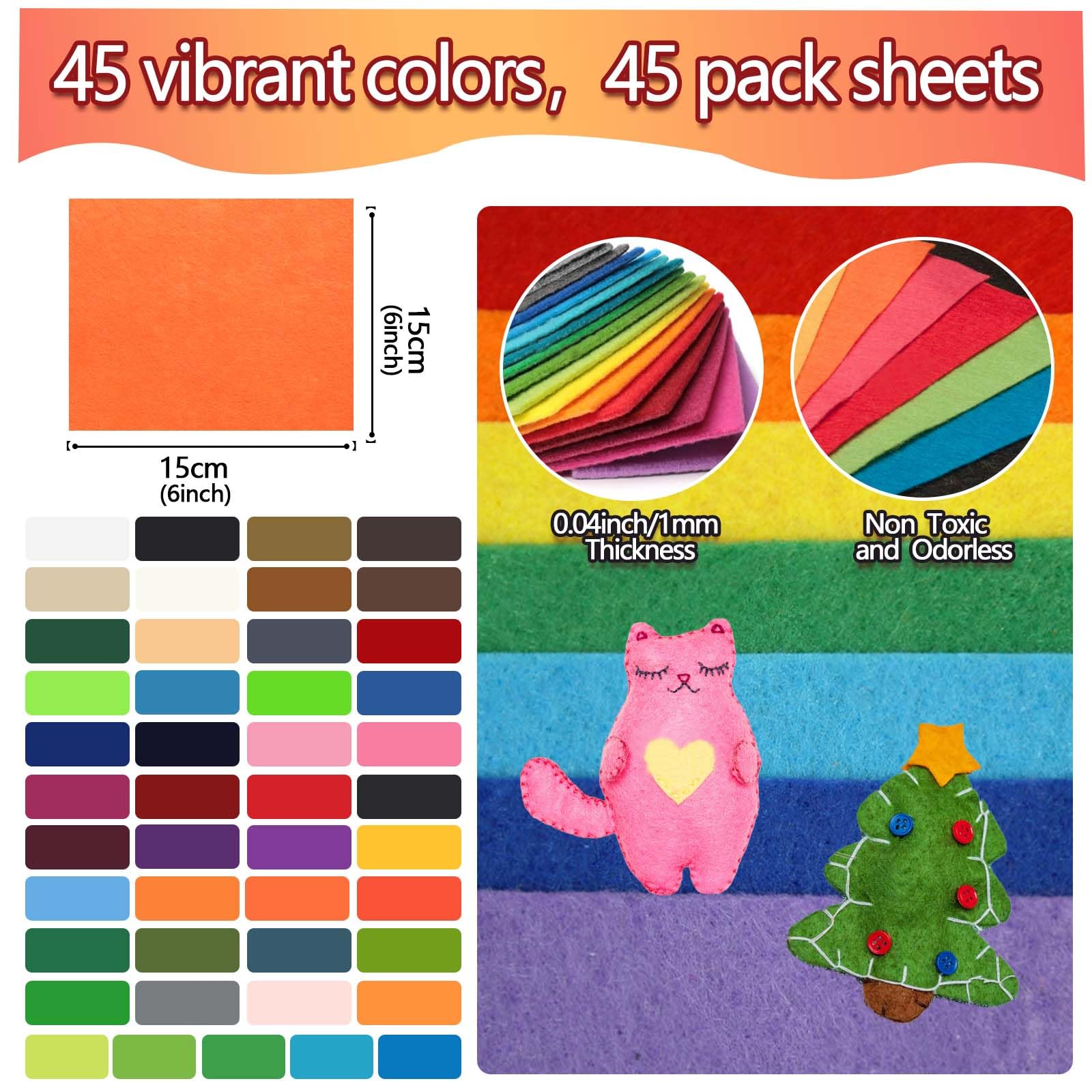 45Pcs Felt Fabric Sheets 6 x 6 inches, Assorted Colors Non Woven Felt Sheets, 1mm Thick Felt Fabric Square for Kids, DIY Sewing Crafts, Embroidering, School Projects, Patchwork, Festival Decoration