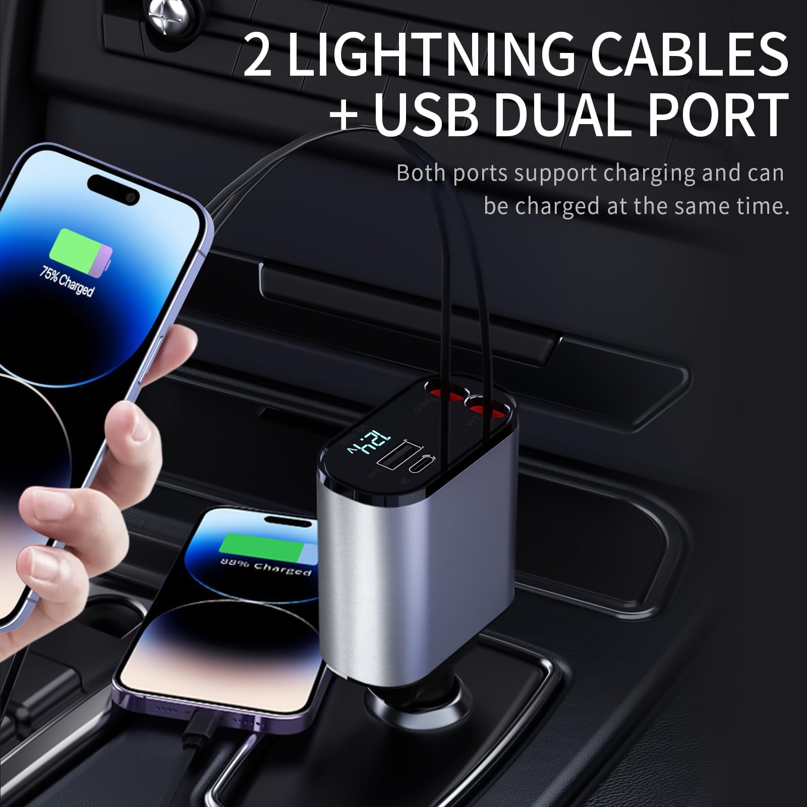 Cargador de coche retráctil, cargador de coche 4 en 1 de 60 W, cables retráctiles (2.6 pies) y adaptador de 2 puertos USB, compatible con iPhone 16/15/14/13/12/11 (los 2 puertos USB de iluminación)