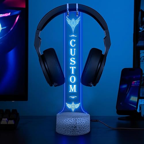 Miniatura 2 de NAZENTI Soporte LED personalizado para auriculares con nombre, soporte para auriculares iluminado, escritorio de juegos personalizado