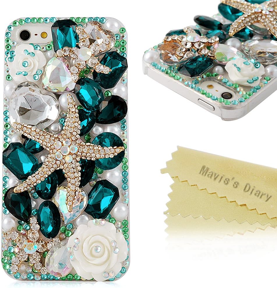 Mavis's Diary 3D Handmade Crystal Starfish Sea Shell Fresh Summer Flower Lotus Rhinestone Diamond Bling Clear Hard Case Cover for Iphone 5 5S with Soft Clean Cloth (Blue Diamonds Luxury Edition)