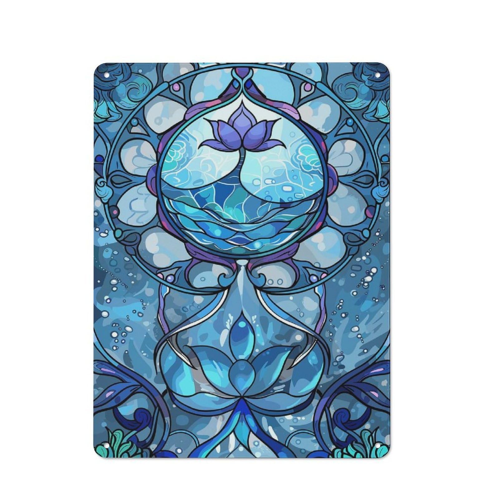 Junmoney Style-23 Tin Wall Plaque 40X30cm With Blue Lotus Water Stained Glass Art For Guest Room Or Hallway, A Decorative Christmas Gift For Home Decor Collectors
