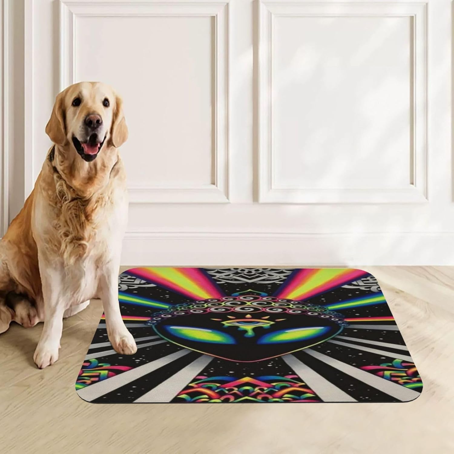 Rainbow Splatter Space Alien Third Eye Pet Feeding Mat-Absorbent Quick Dry Pet Cat Dog Food Mat Non Slip Waterproof Rubber Dish Placemat