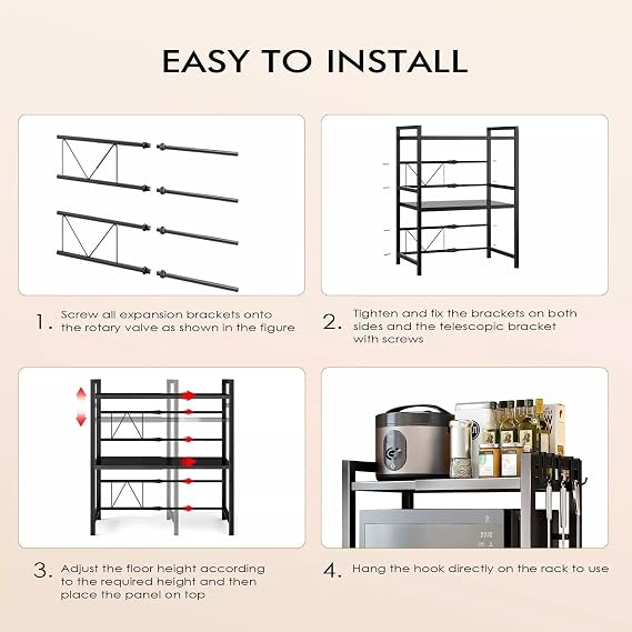 Multibao Expandable Microwave Rack Shelf, 3 Tier oven Rack Stand Storage Holder Kitchen Corner Shelf Desktop Printer Shelf Rack, Bakers Rack (Black)