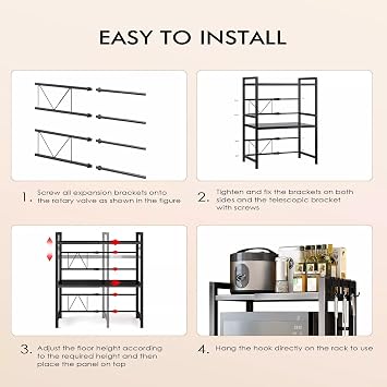 Multibao Expandable Microwave Rack Shelf, 3 Tier oven Rack Stand Storage Holder Kitchen Corner Shelf Desktop Printer Shelf Rack, Bakers Rack (Black)