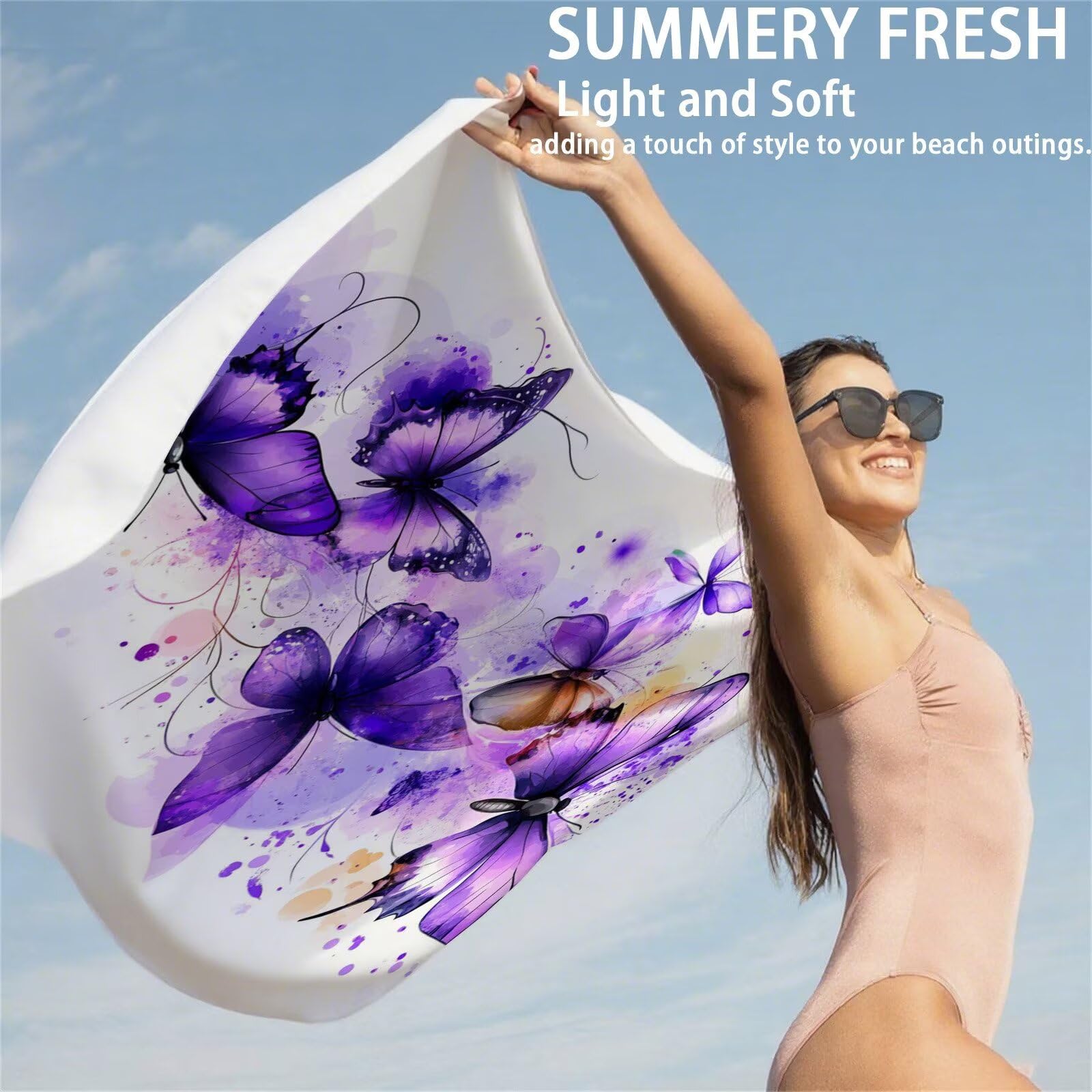 Ręcznik plażowy z mikrofibry 85 x 170 cm prześcieradło plażowe przeciw piaskowaniu motyl ręcznik plażowy XXL fioletowy ręcznik plażowy szybkoschnący, miękki ultrachłonny szybkoschnący do podróży do