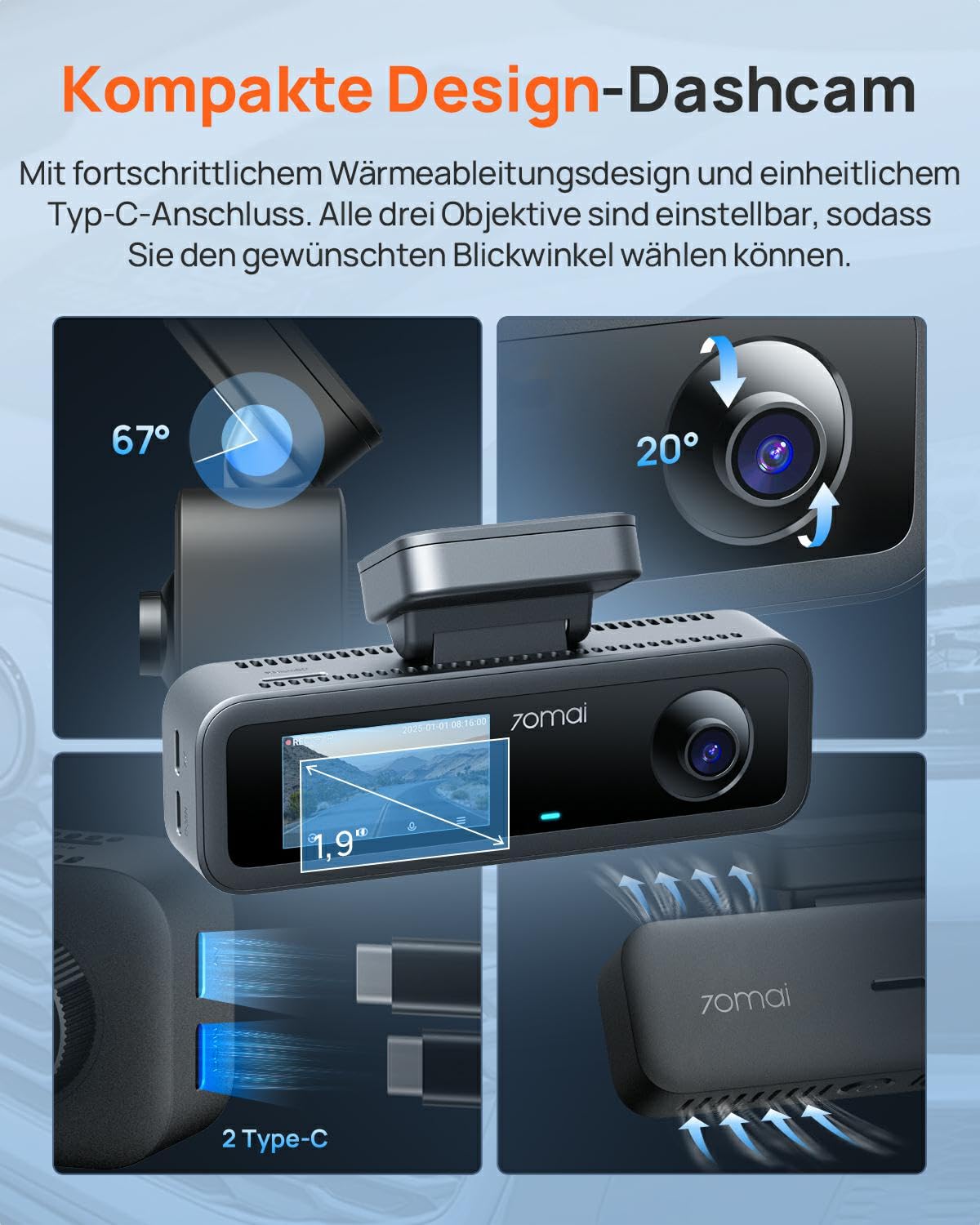 70mai T800E 4K 3-Kanal Dashcam Auto, 4K+1080P+1080P, HDR F1.55, IR Nachtsicht, Parküberwachung 24H, GPS, WiFi 6, 64GB SD