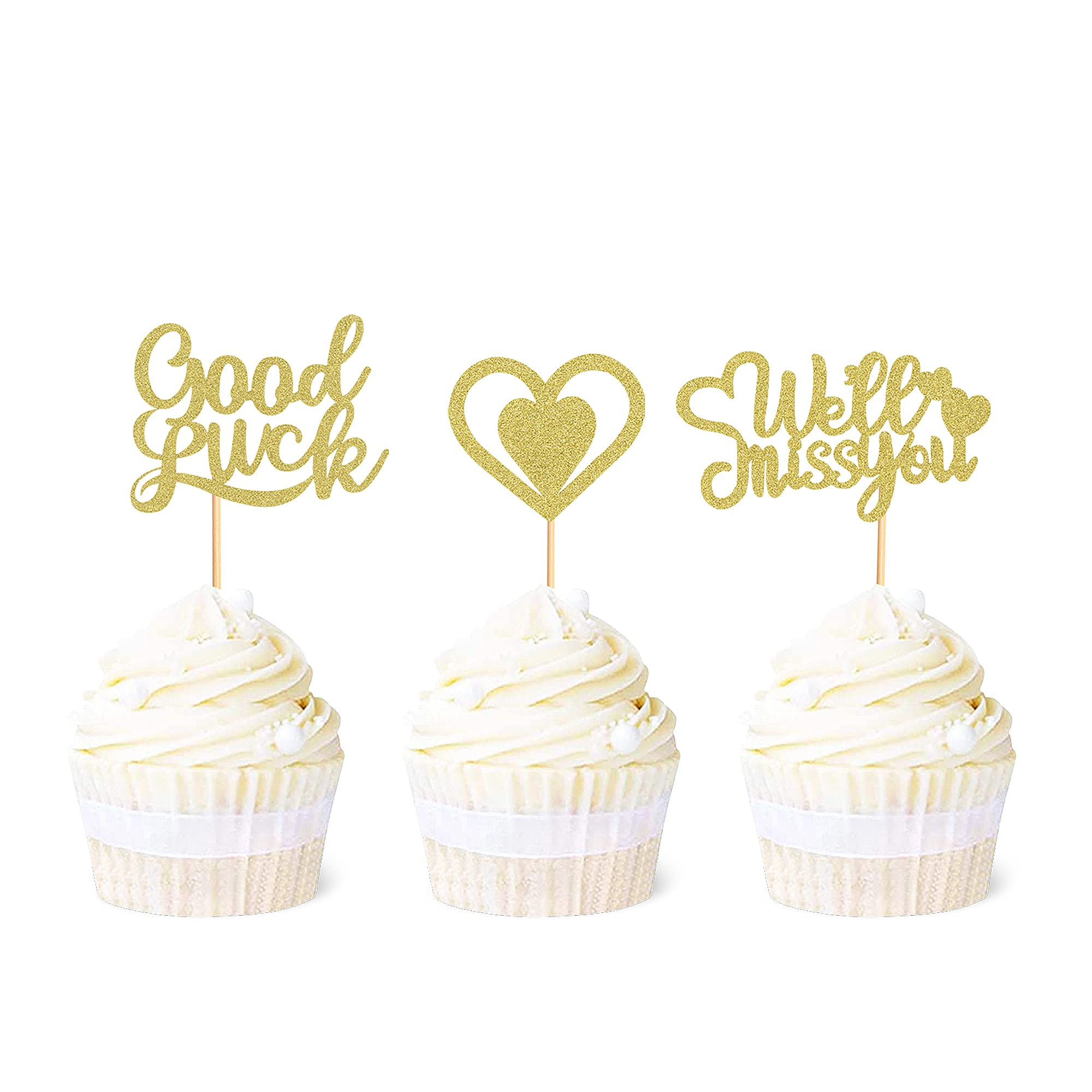 Ercadio36 Pack We will Miss You Cupcake Toppers with Love Glitter Good Luck Cupcake Picks Going Away Farewell Retirement Theme Party Cake Decorations Supplies Gold