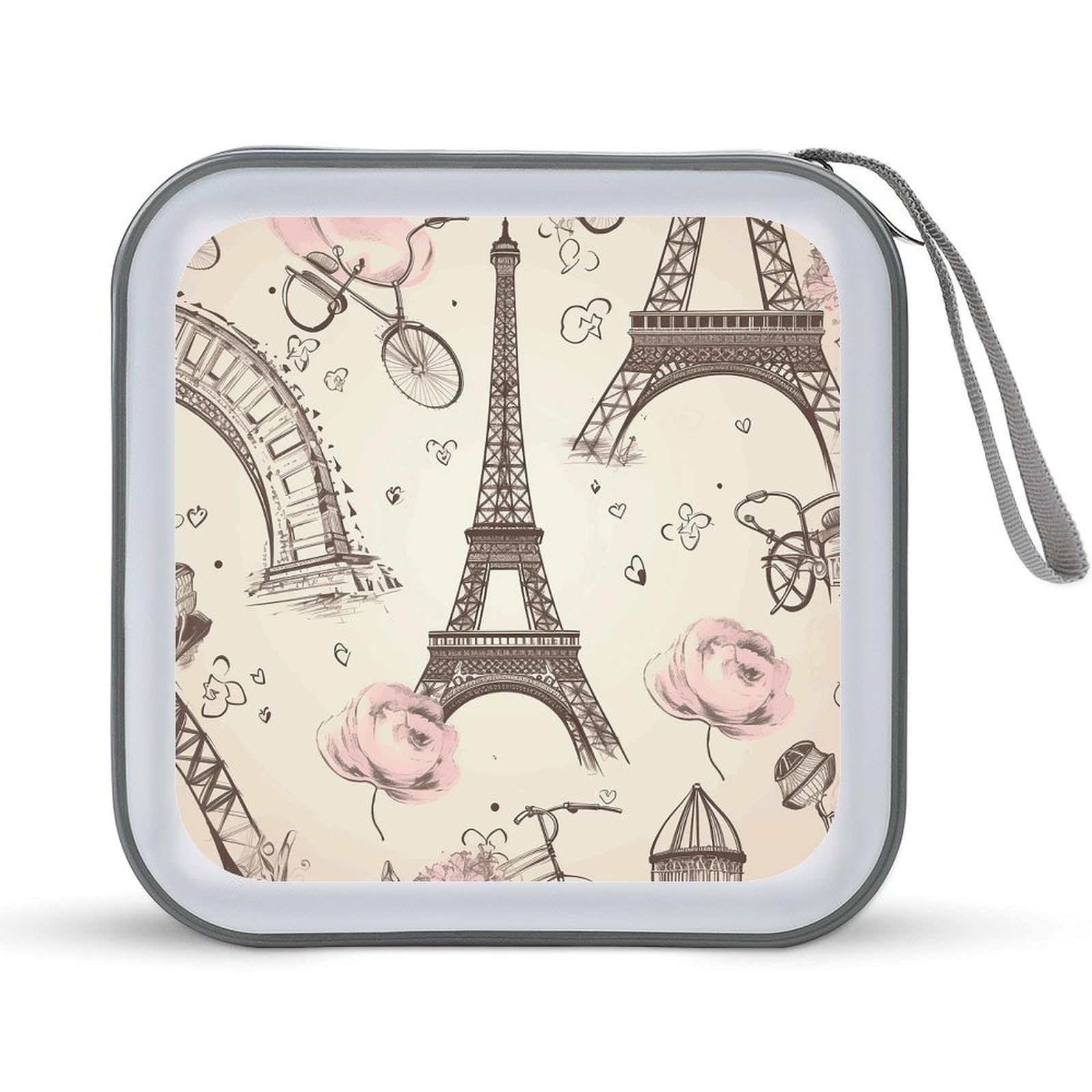 VstaDank The Eiffel Tower And A Bicycle CD Case with Hand Strap Lightweight DVD Wallet Holder 40 Capacity CD/DVD Case Wallet Protective CD Wallet CD/DVD Portable Storage Binder for Car Home Office