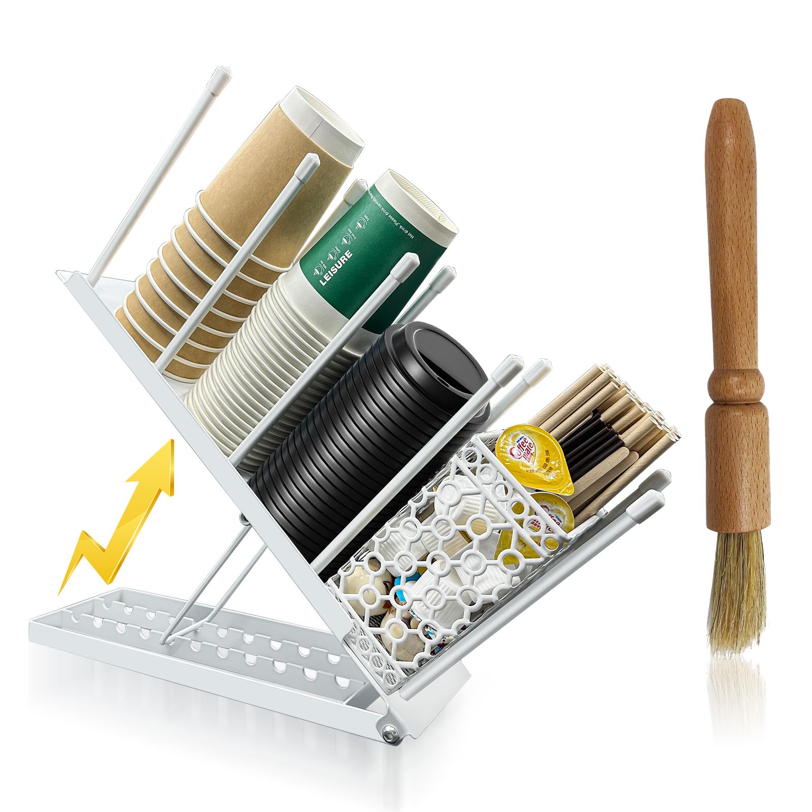 Coffee Bar Organizer Countertop, Metal Coffee Station Organizer with Straw Holder &amp; Clean Brush, 4 Compartment Cup and Lid Holder Cup Dispenser Accessories Station (White)