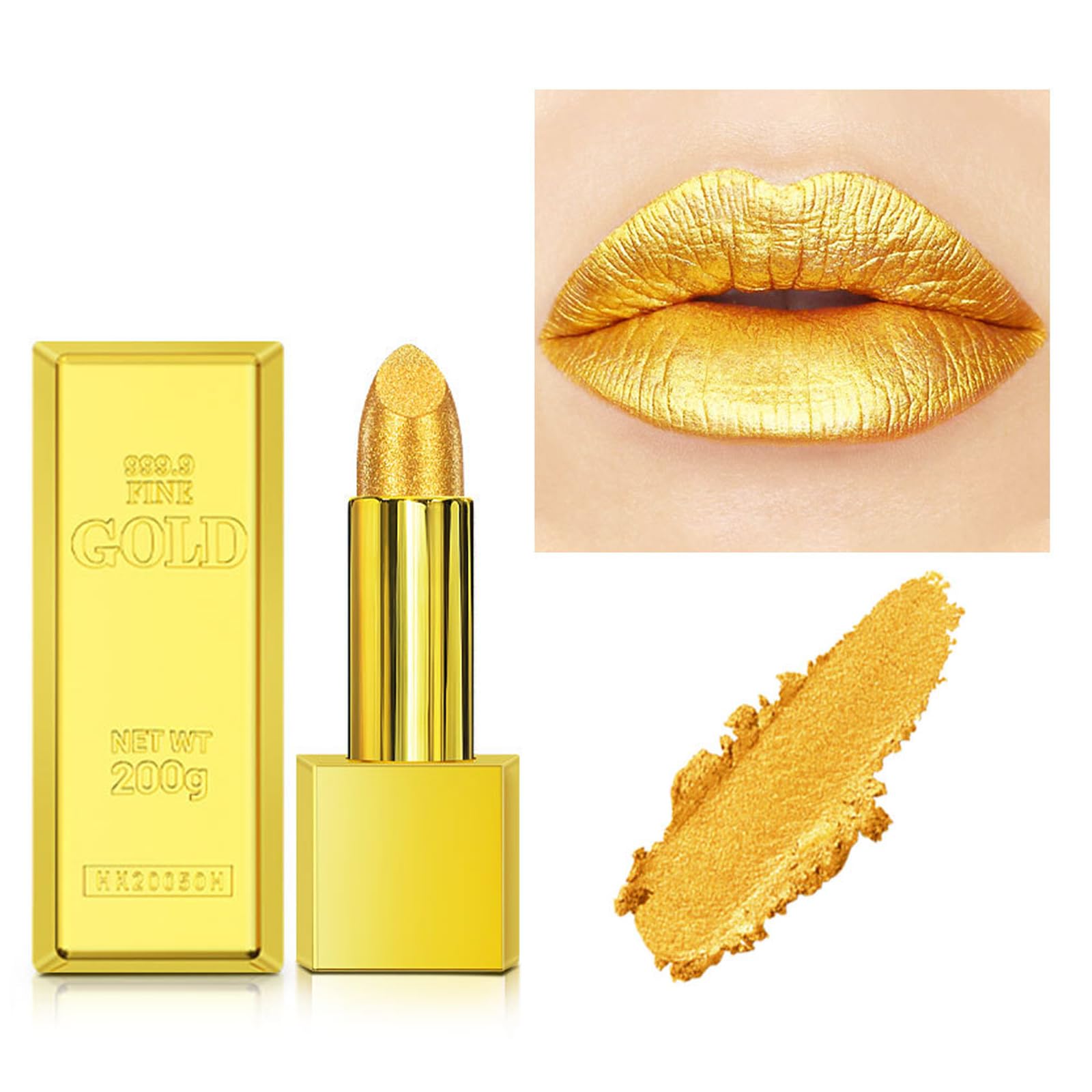 Metallic Shine Glitter Lipstick Gold, Matte Shimmer Lipsticks,Lightweight Soft Long Lasting, Pearlescent Highly Pigmented Lipstick Eyeshadow Highlighter For Women Girls