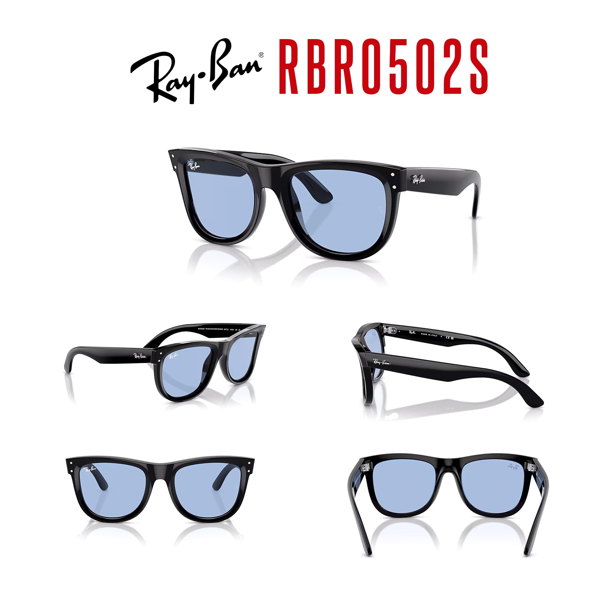 Ray-Ban Wayfarer Reverse RBR0502S 667772 53MM Black/Plastic Lens Light Blue Square Sunglasses for Men for Women +BUNDLE with ACCESSORY EYEWEAR KIT